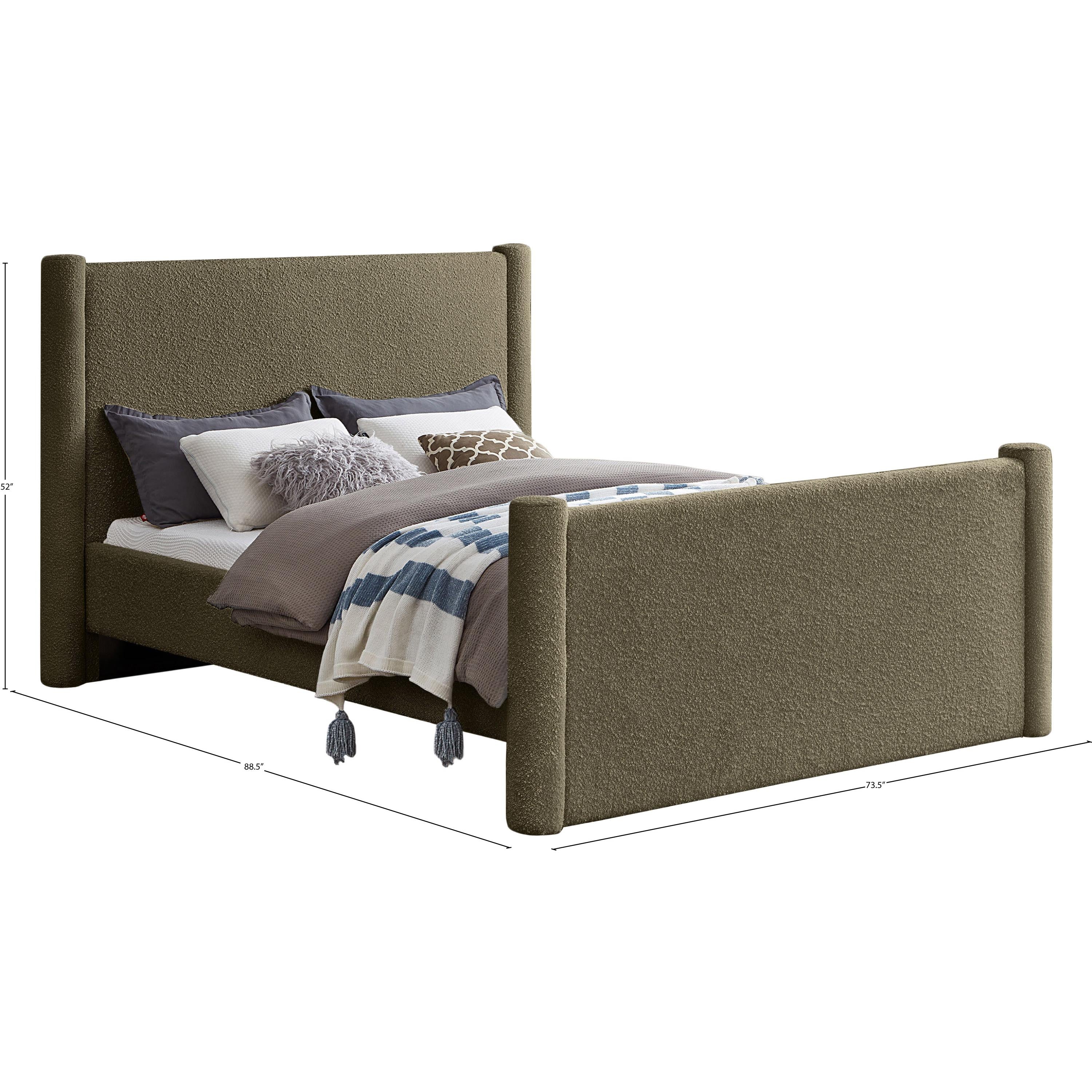 Meridian Elias Olive Green Boucle Fabric Queen Bed