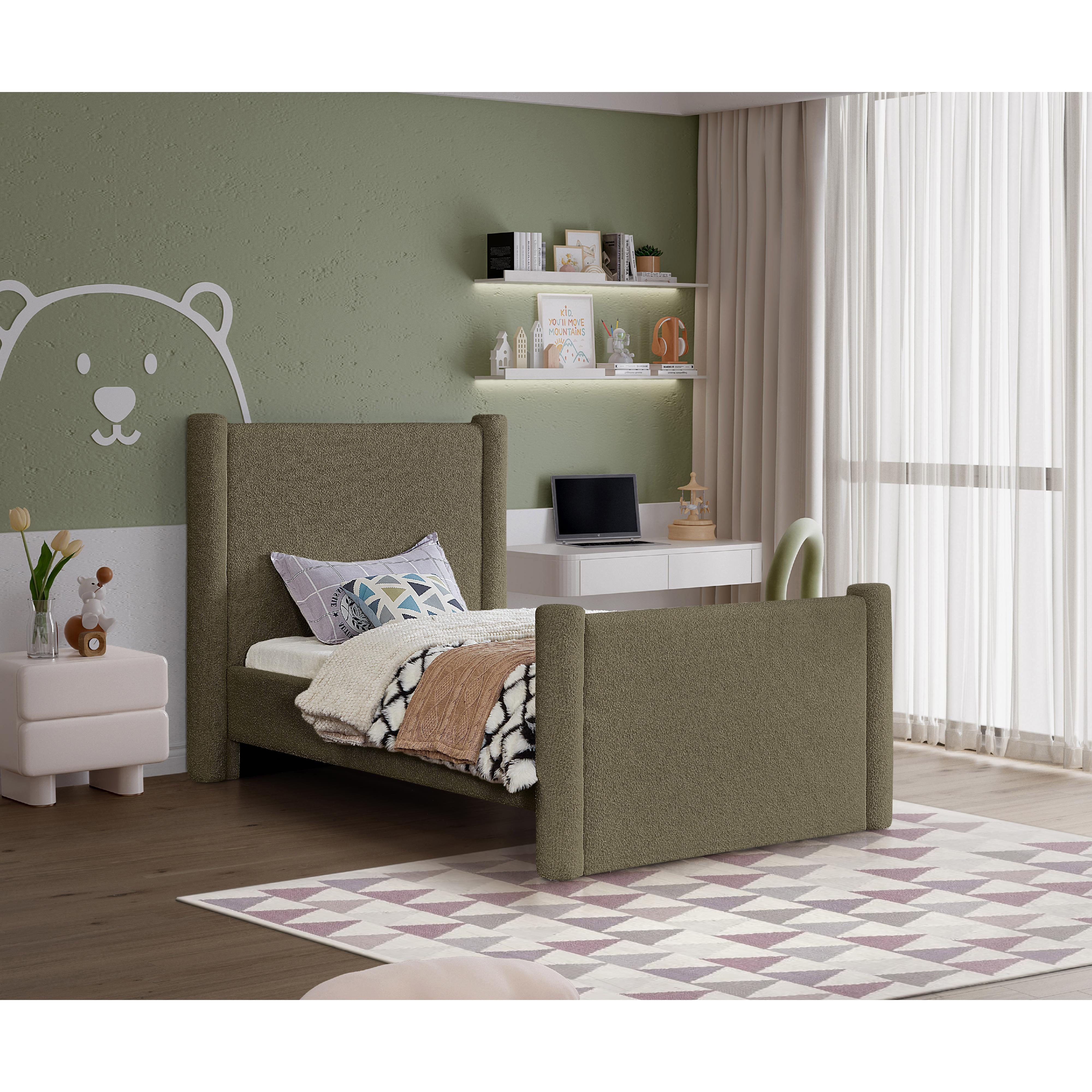 Meridian Elias Olive Green Boucle Fabric Twin Bed