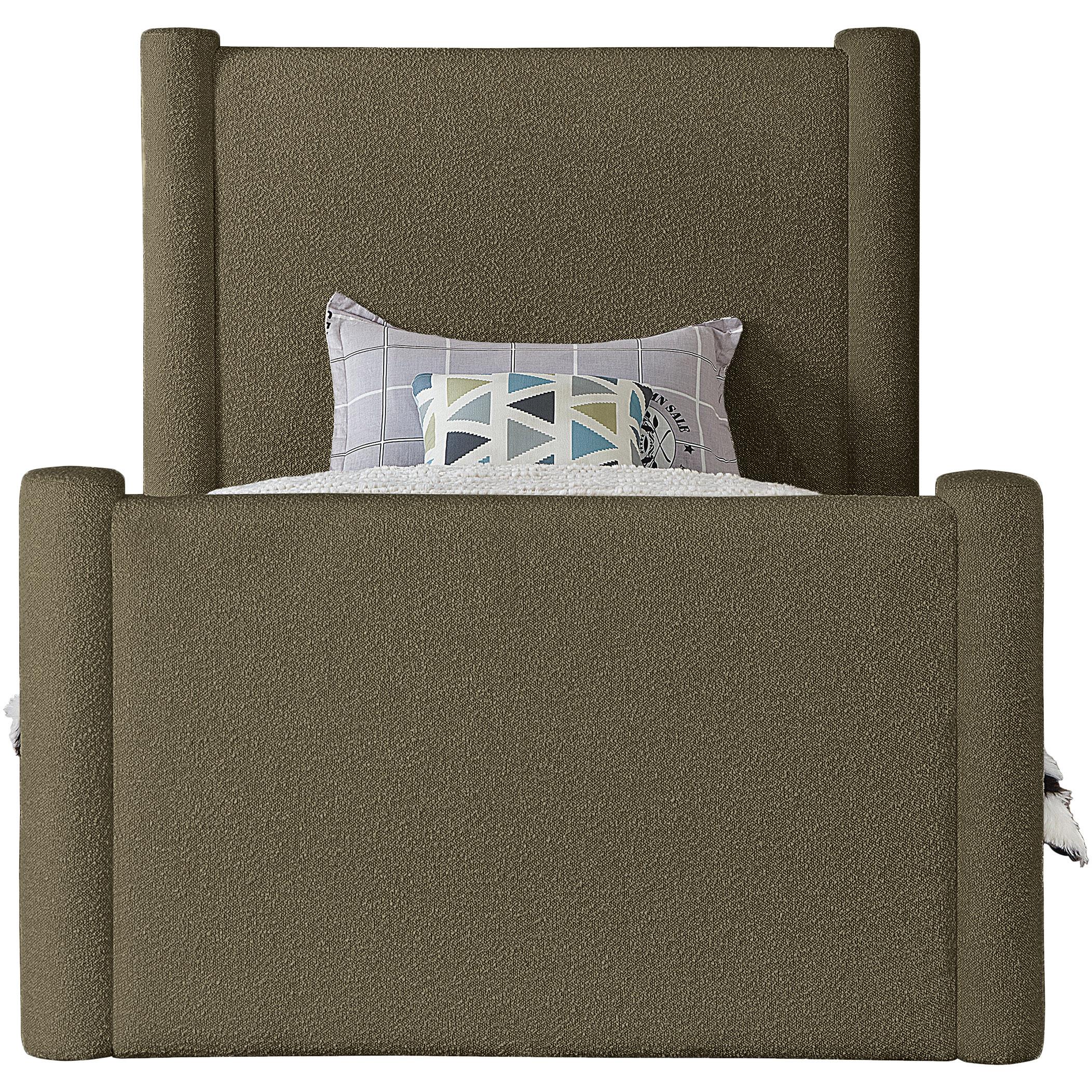 Meridian Elias Olive Green Boucle Fabric Twin Bed