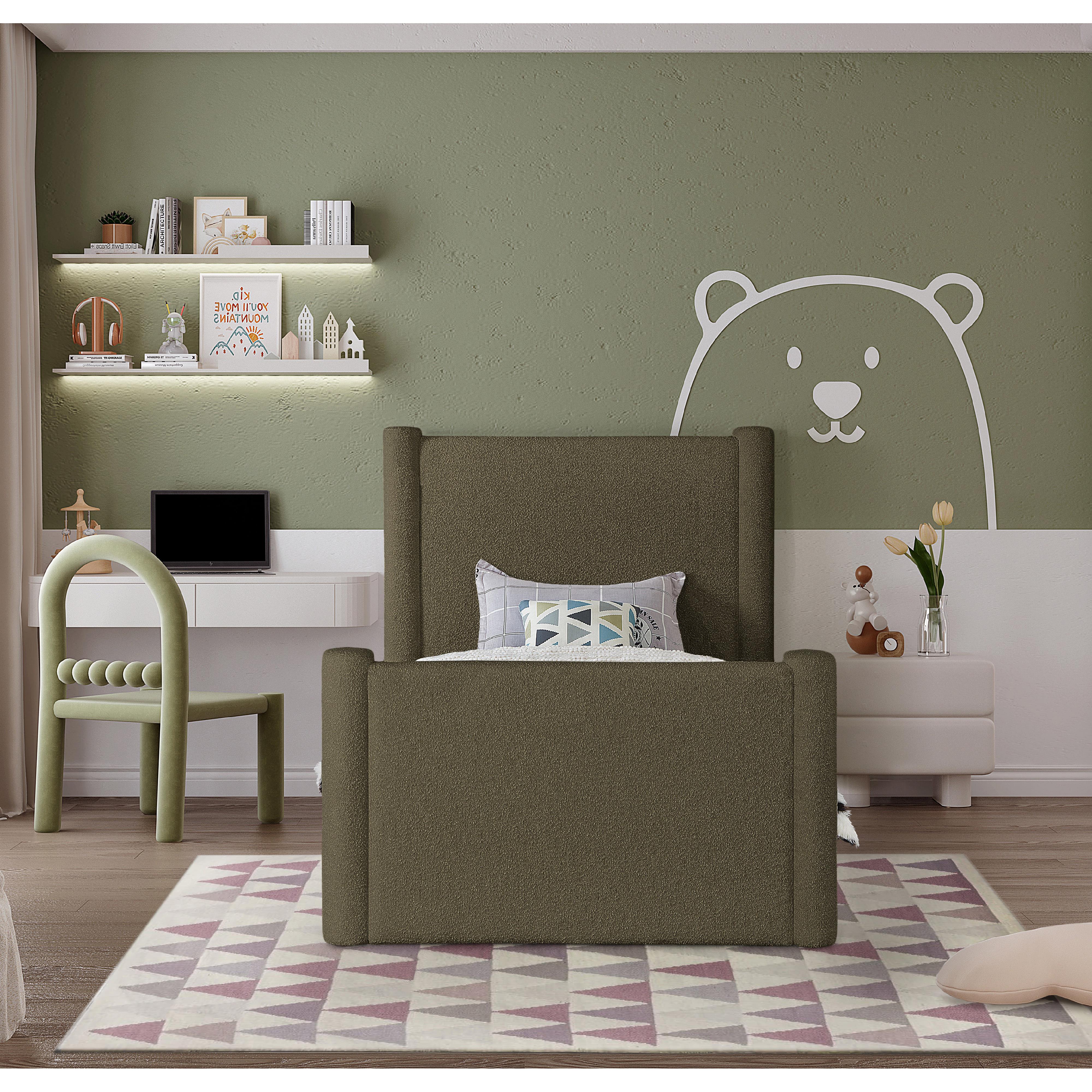 Meridian Elias Olive Green Boucle Fabric Twin Bed