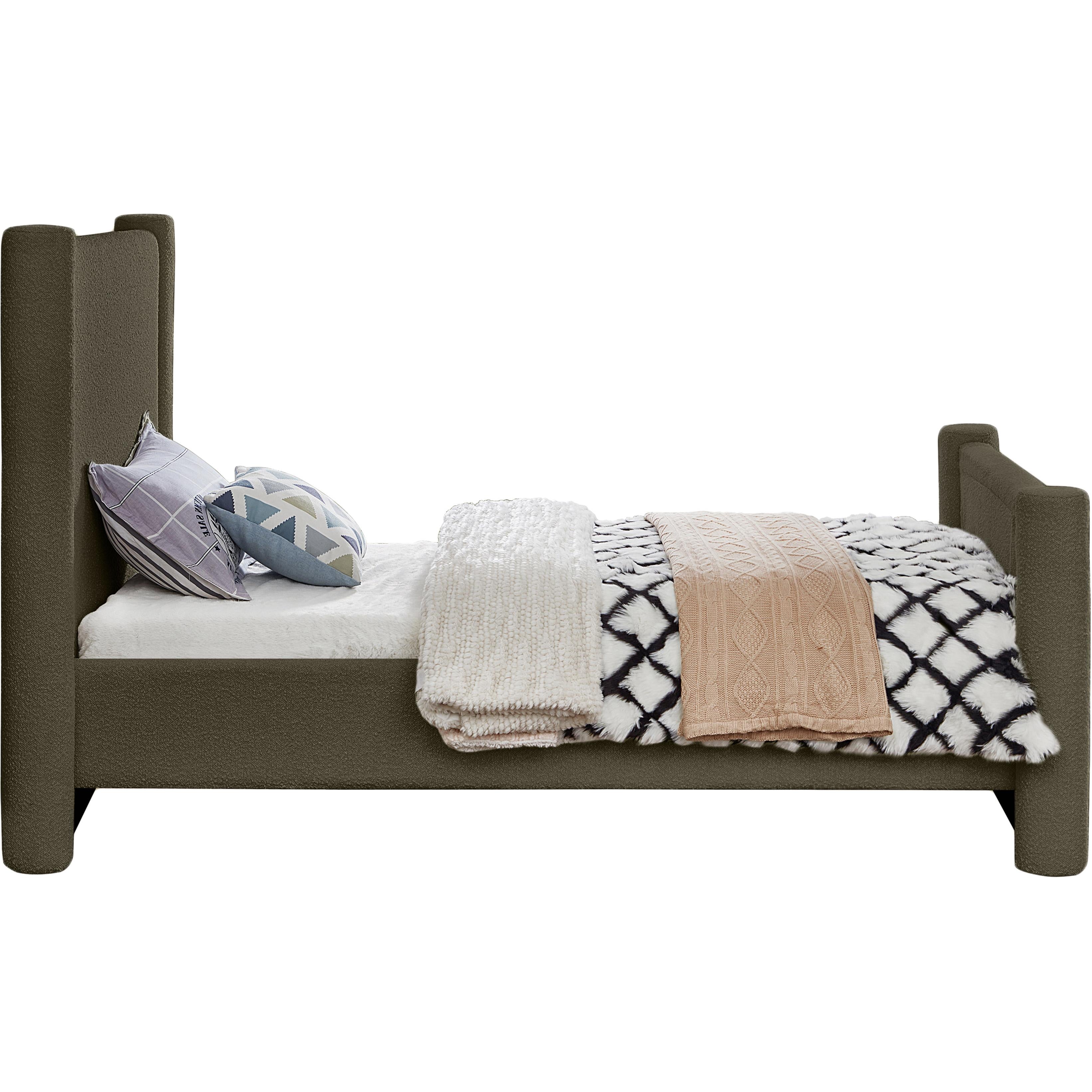 Meridian Elias Olive Green Boucle Fabric Twin Bed