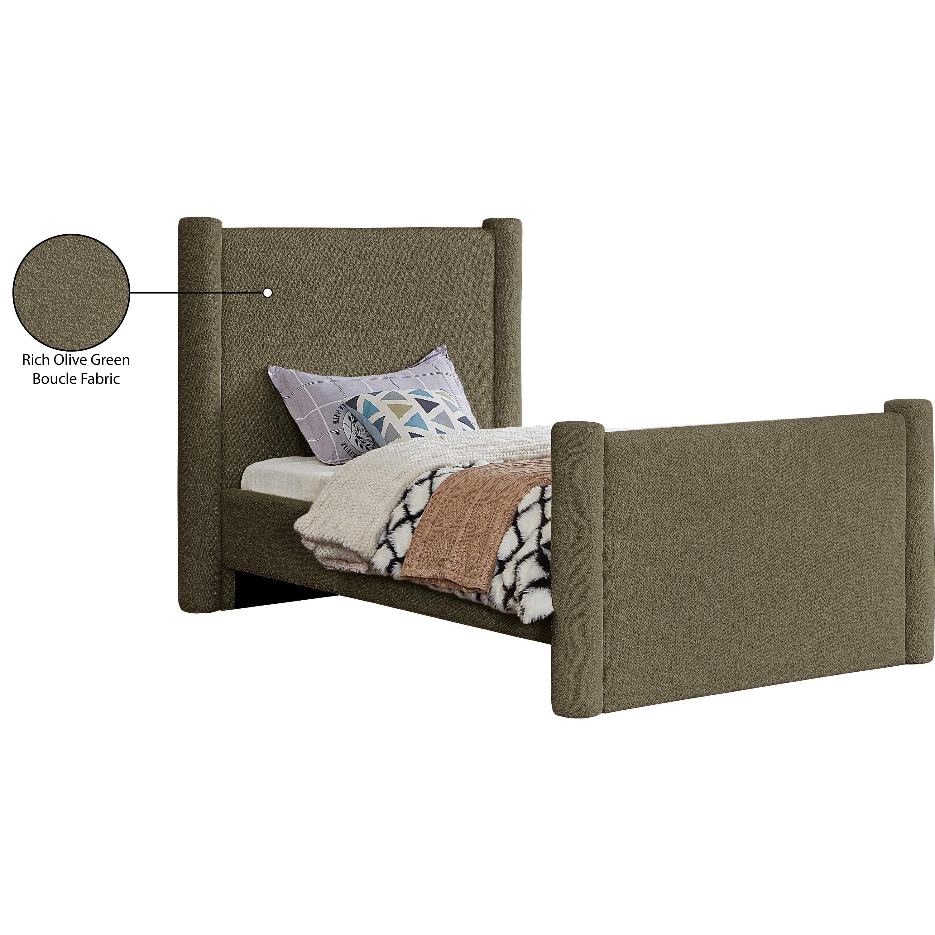 Meridian Elias Olive Green Boucle Fabric Twin Bed