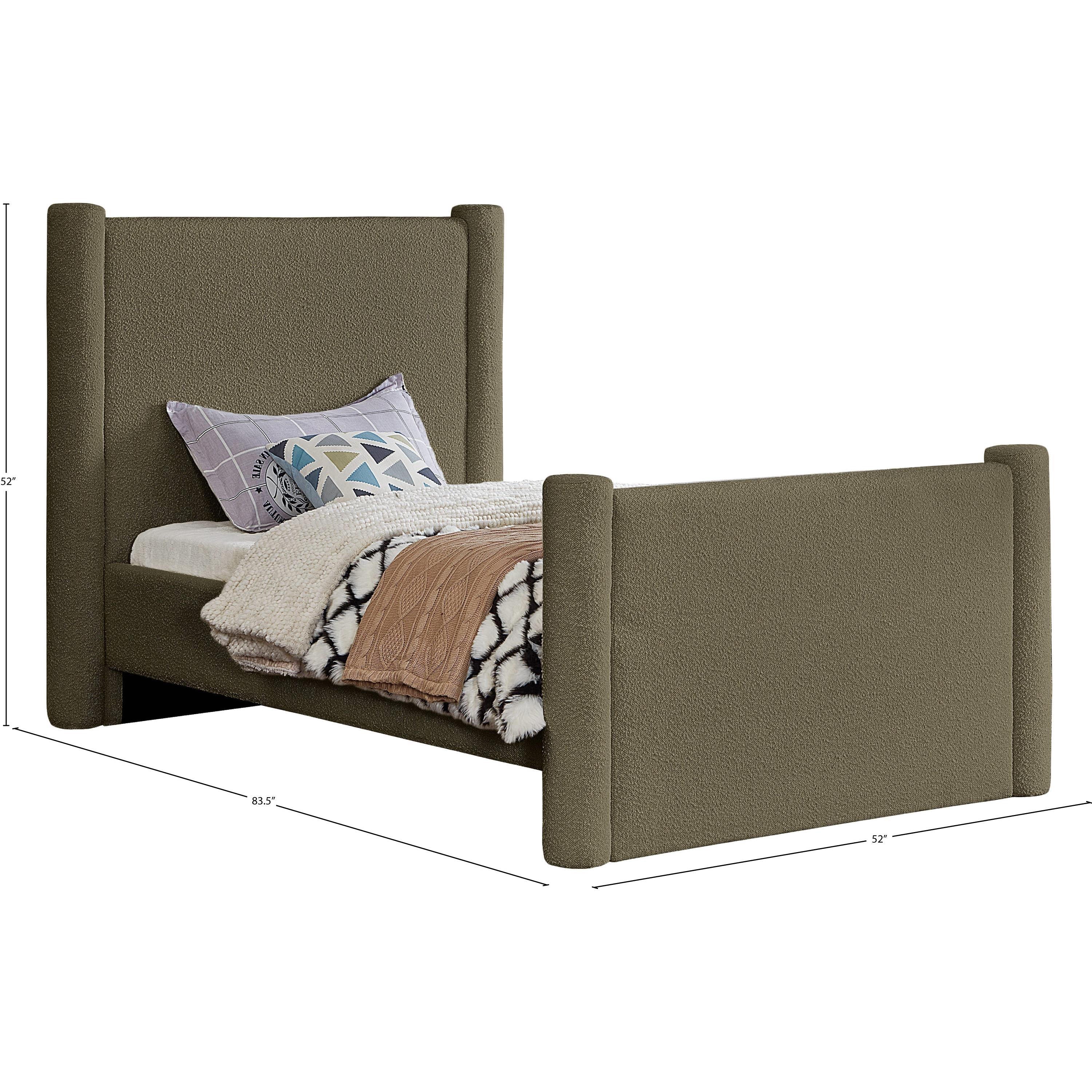 Meridian Elias Olive Green Boucle Fabric Twin Bed