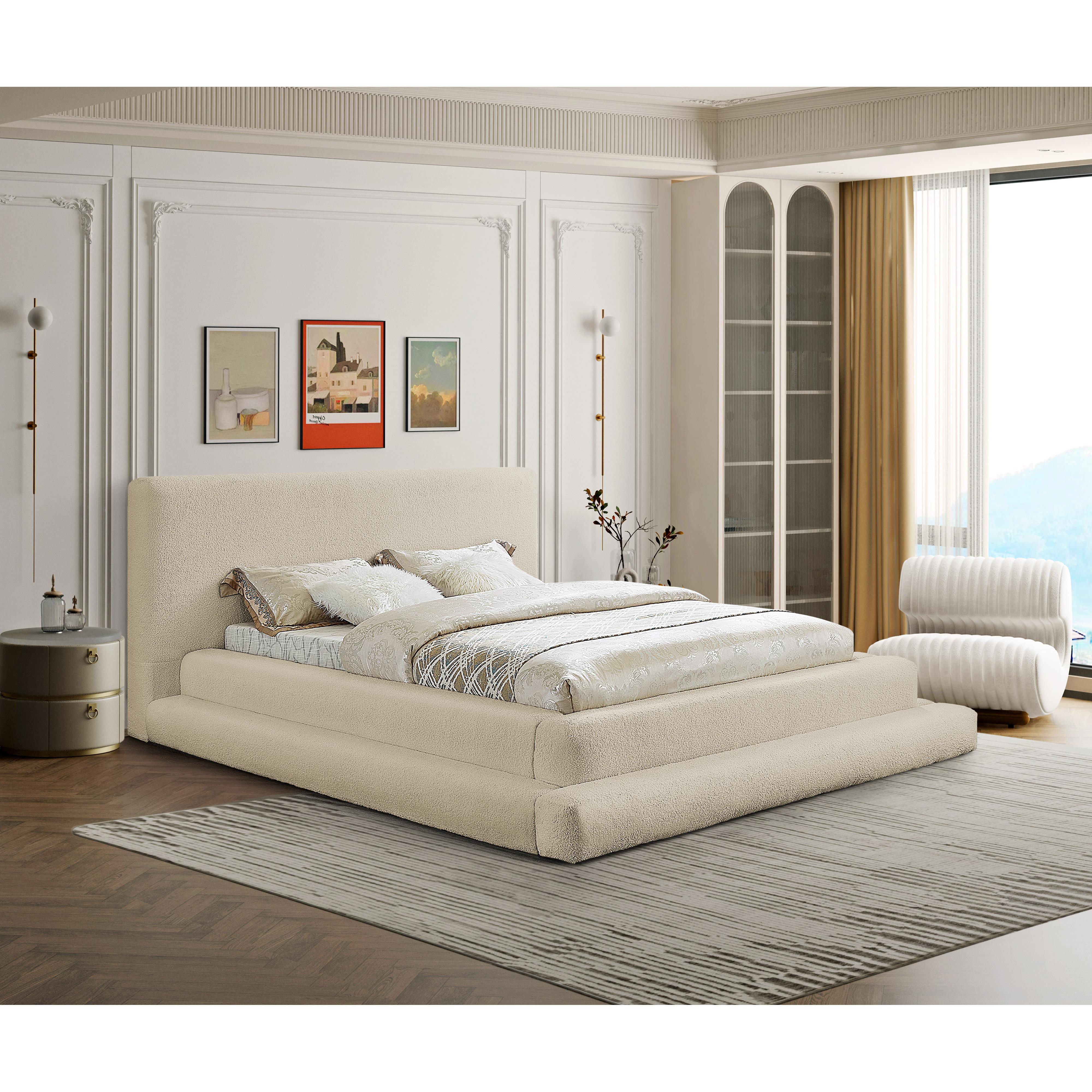 Meridian Dane Beige Teddy Fabric Queen Bed (3 Boxes)