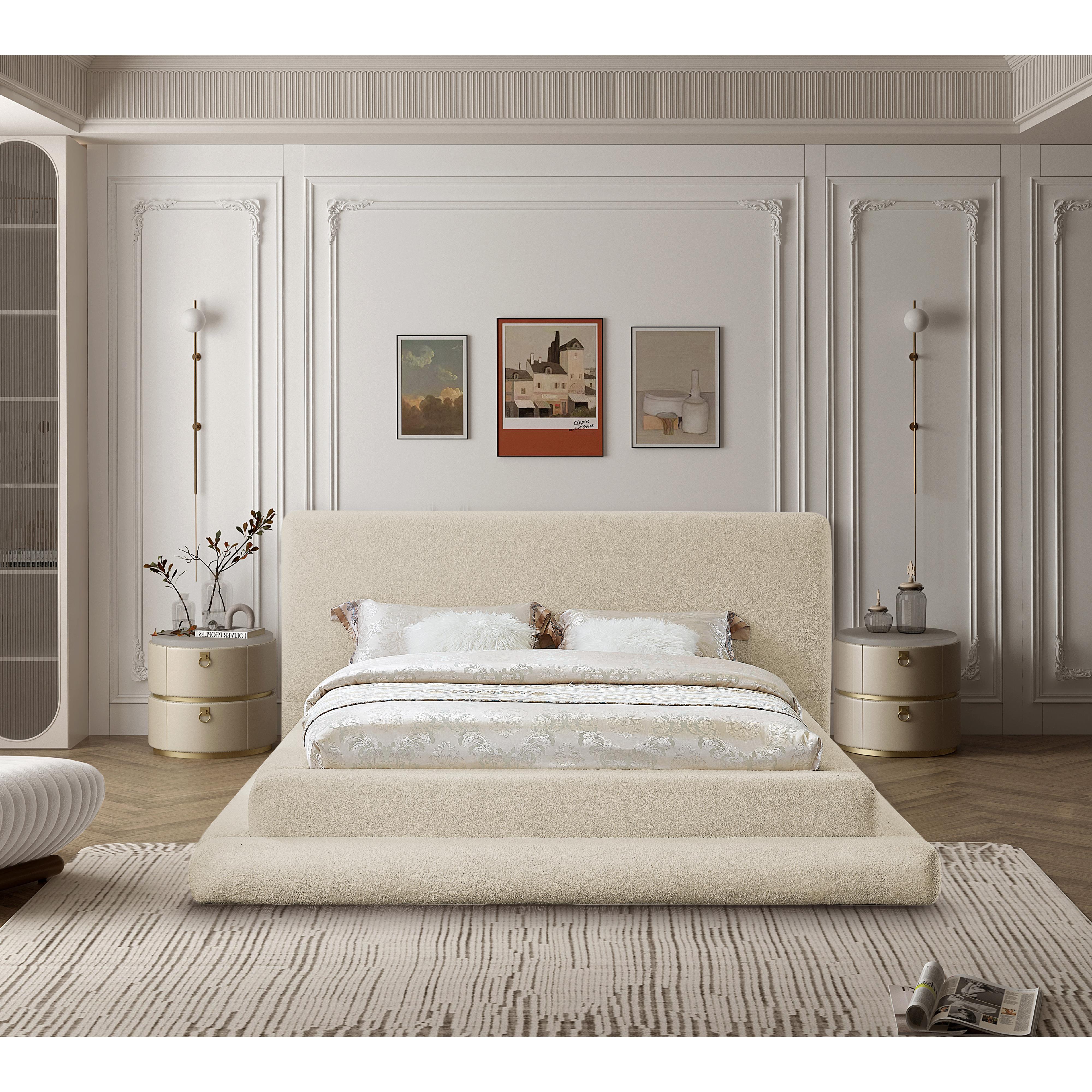 Meridian Dane Beige Teddy Fabric Queen Bed (3 Boxes)