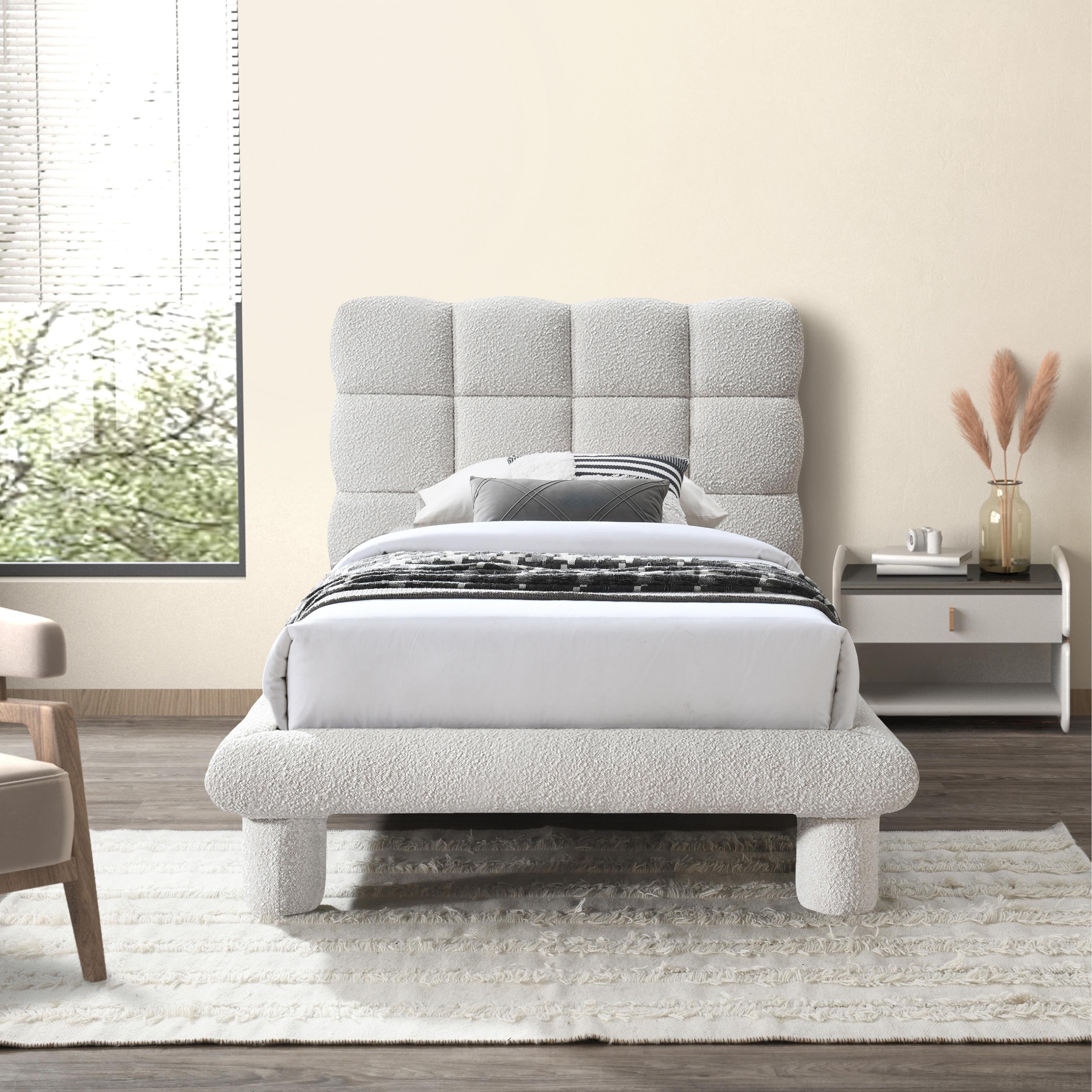 Meridian Deco Cream Boucle Fabric Twin Bed (3 Boxes)