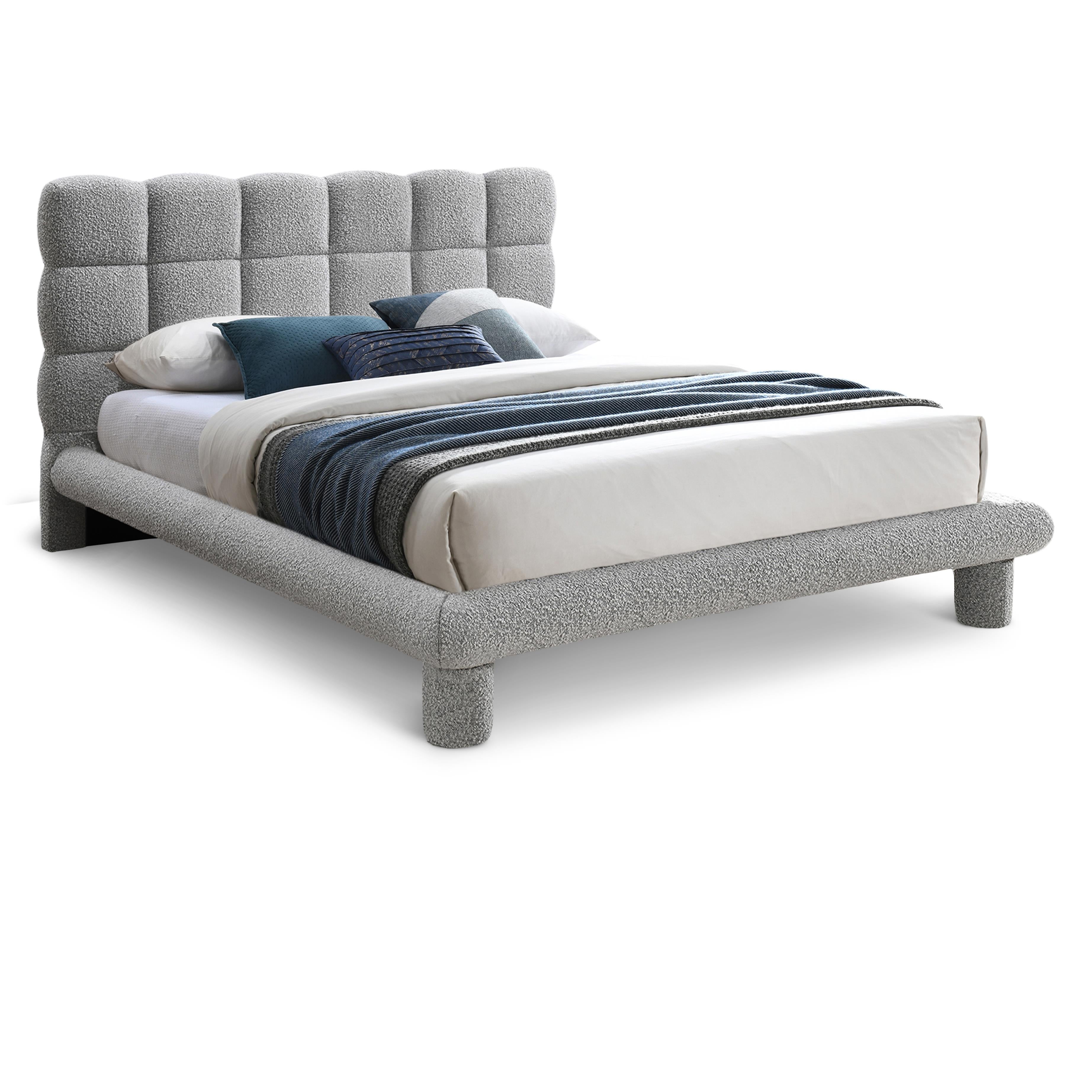Meridian Deco Grey Boucle Fabric Queen Bed (3 Boxes)