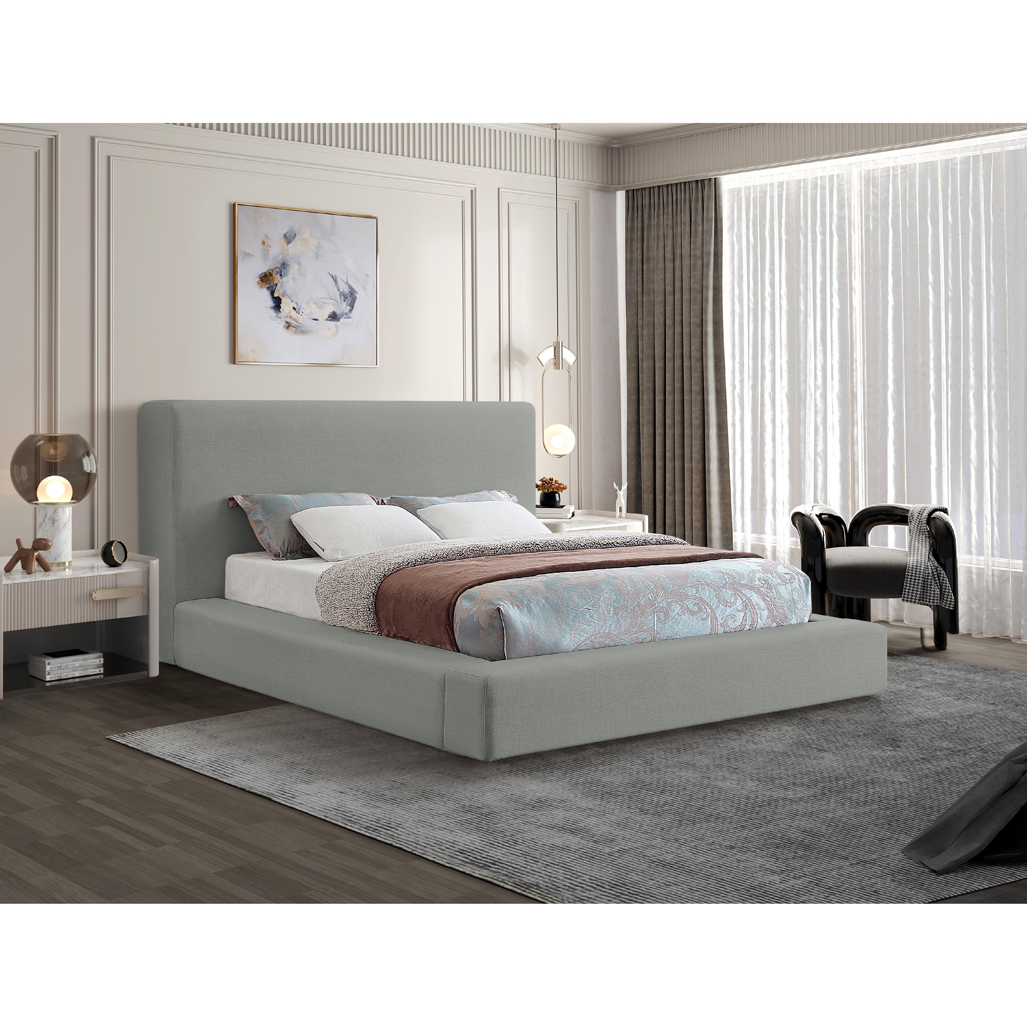 Meridian Devin Grey Linen Textured Fabric Queen Bed