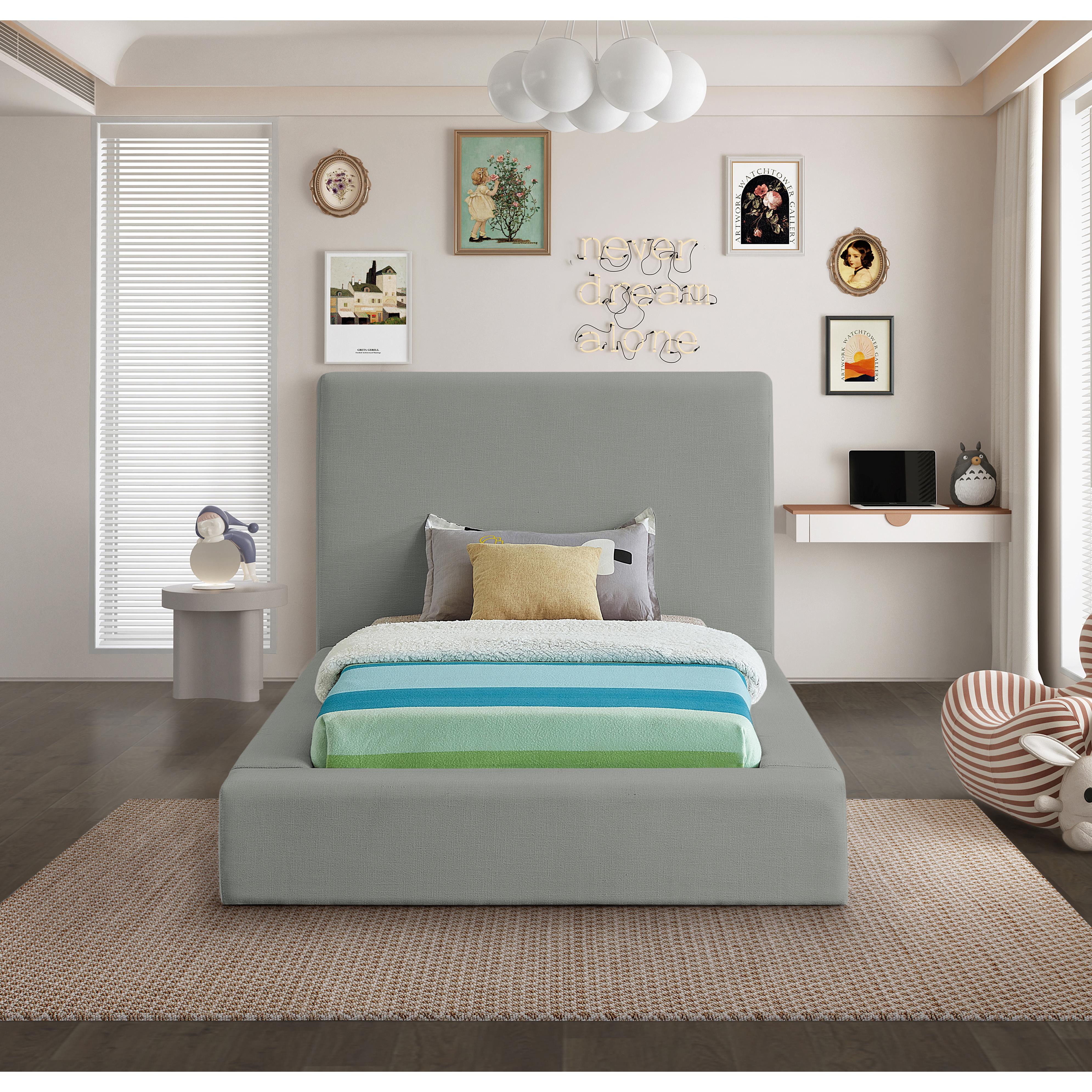 Meridian Devin Grey Linen Textured Fabric Twin Bed