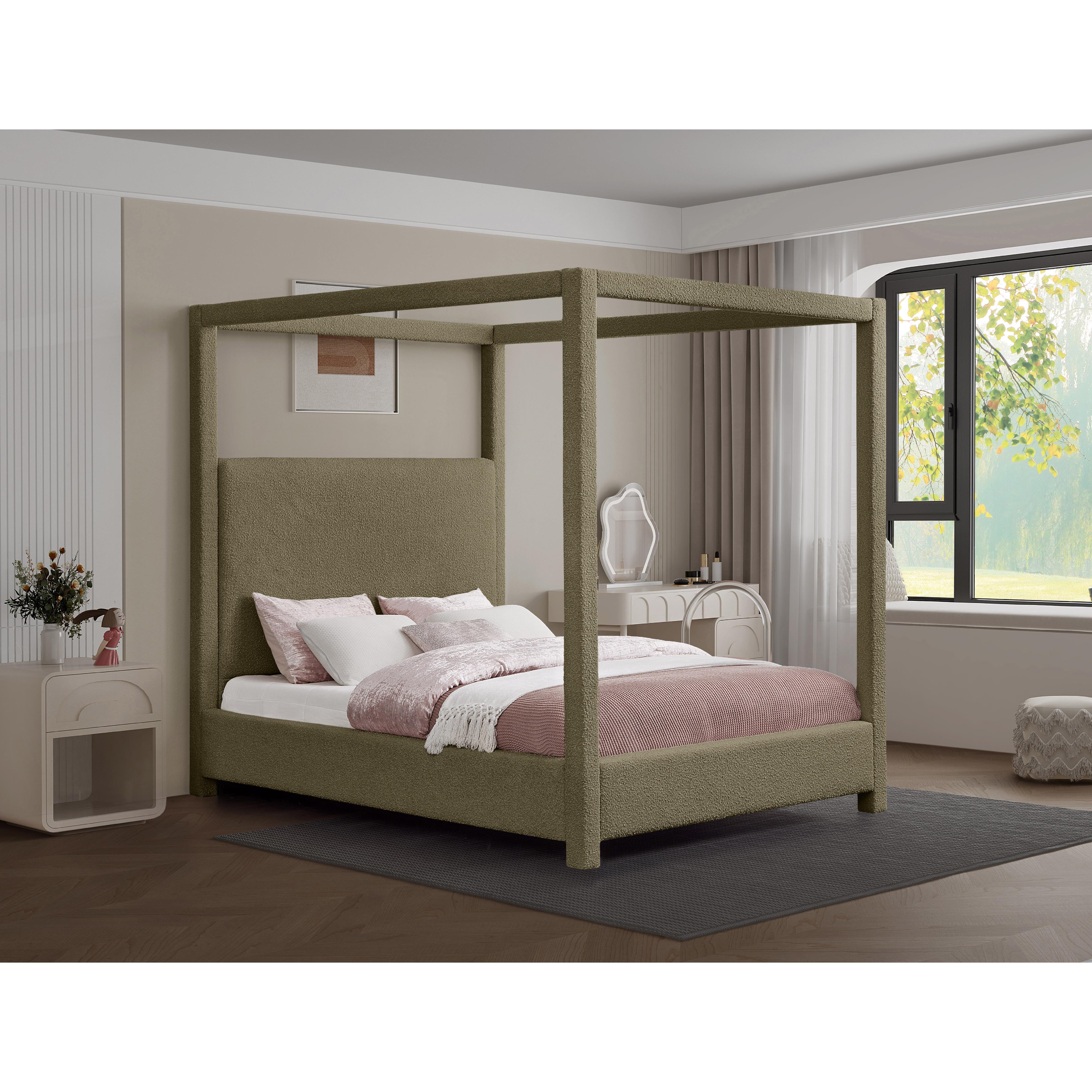 Meridian Eden Olive Boucle Fabric Queen Bed (3 Boxes)