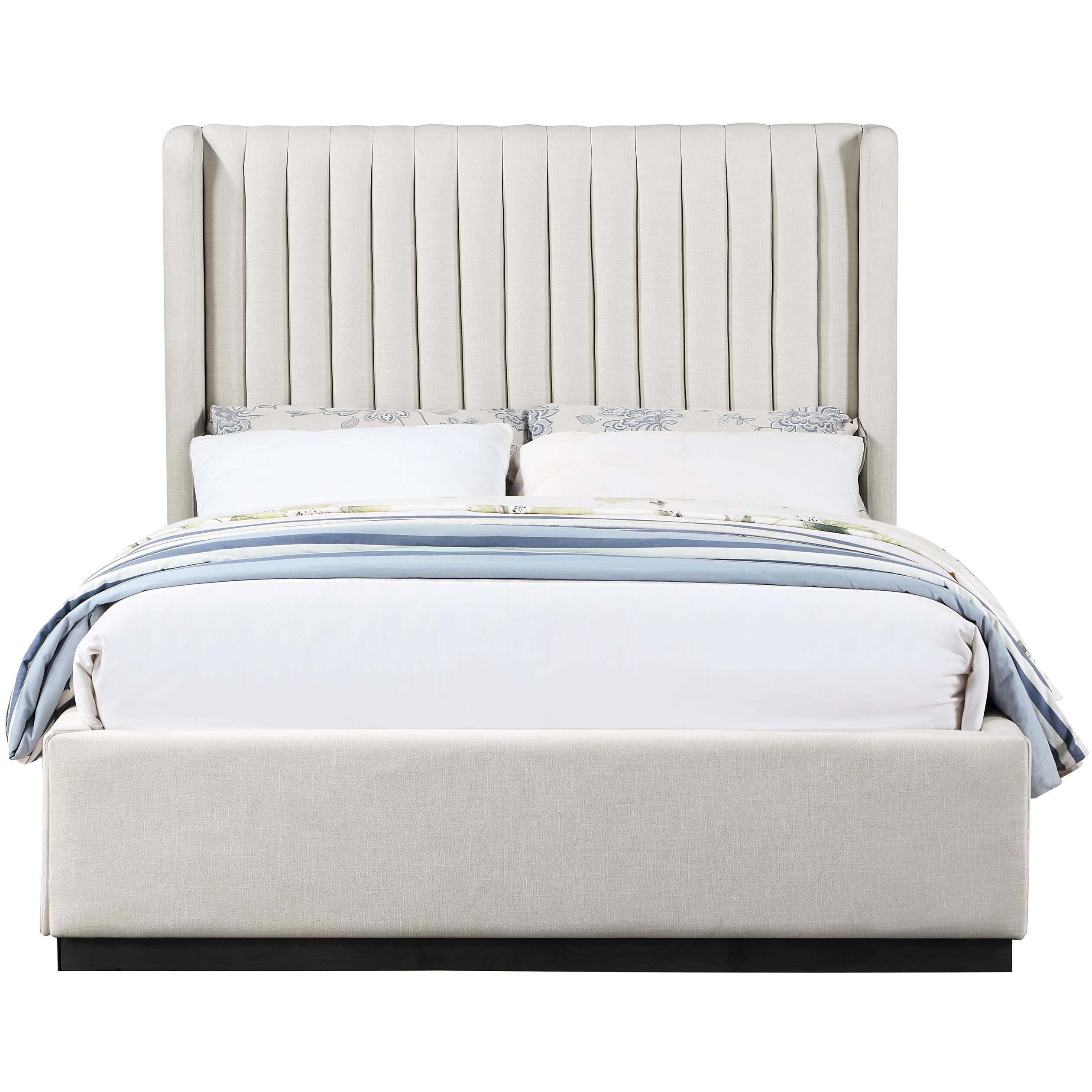 Meridian Logan Beige Linen Textured Fabric Queen Bed