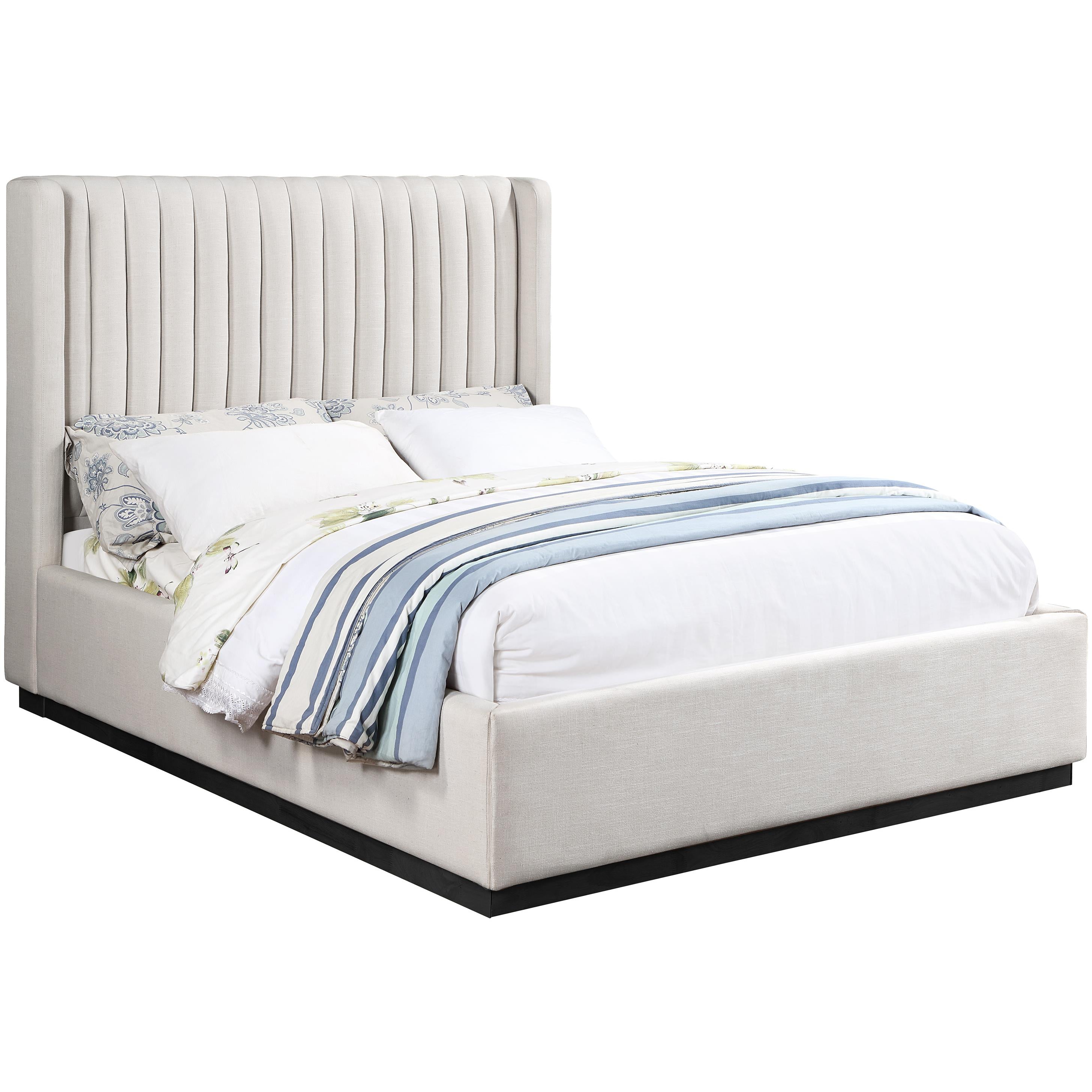Meridian Logan Beige Linen Textured Fabric Queen Bed