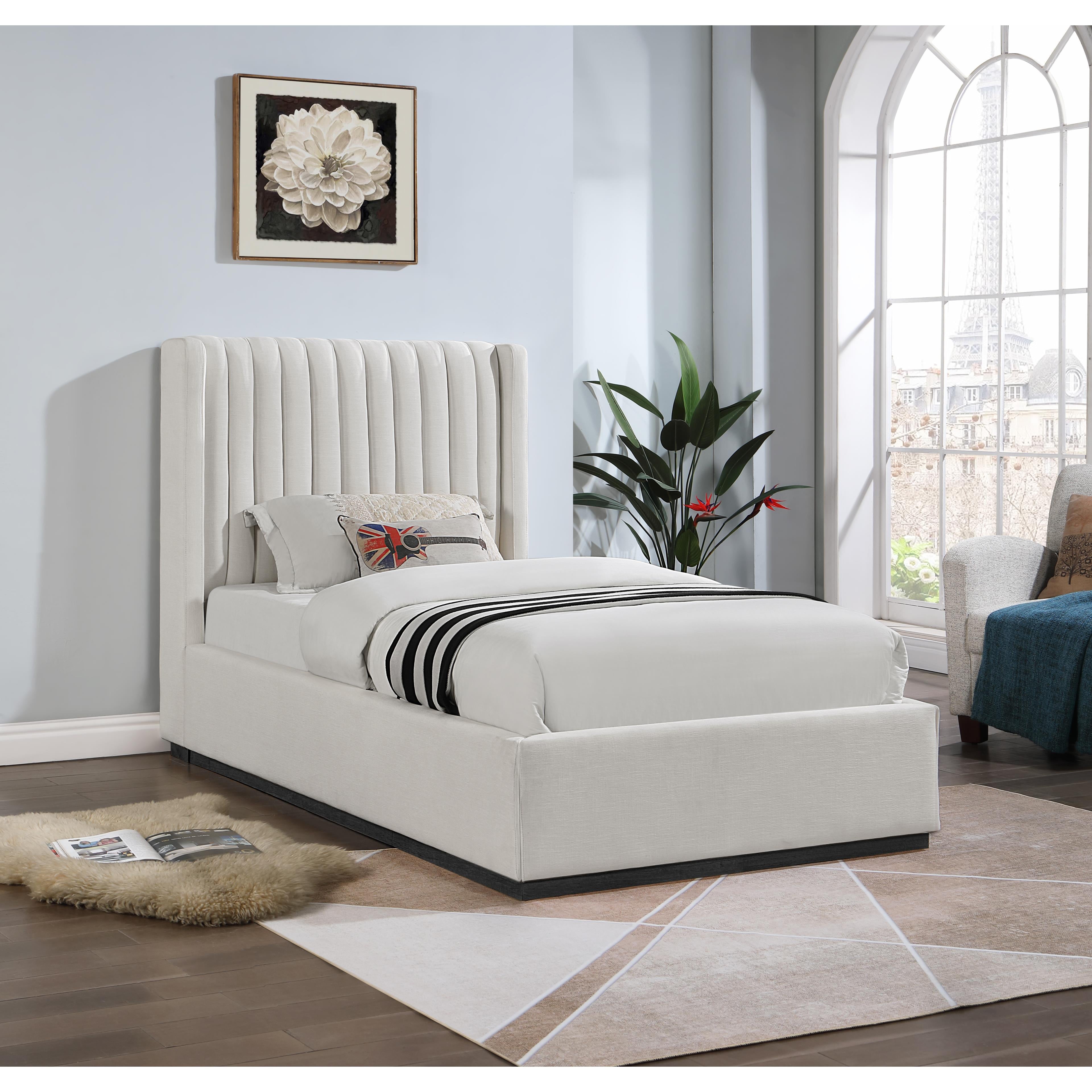 Meridian Logan Beige Linen Textured Fabric Twin Bed
