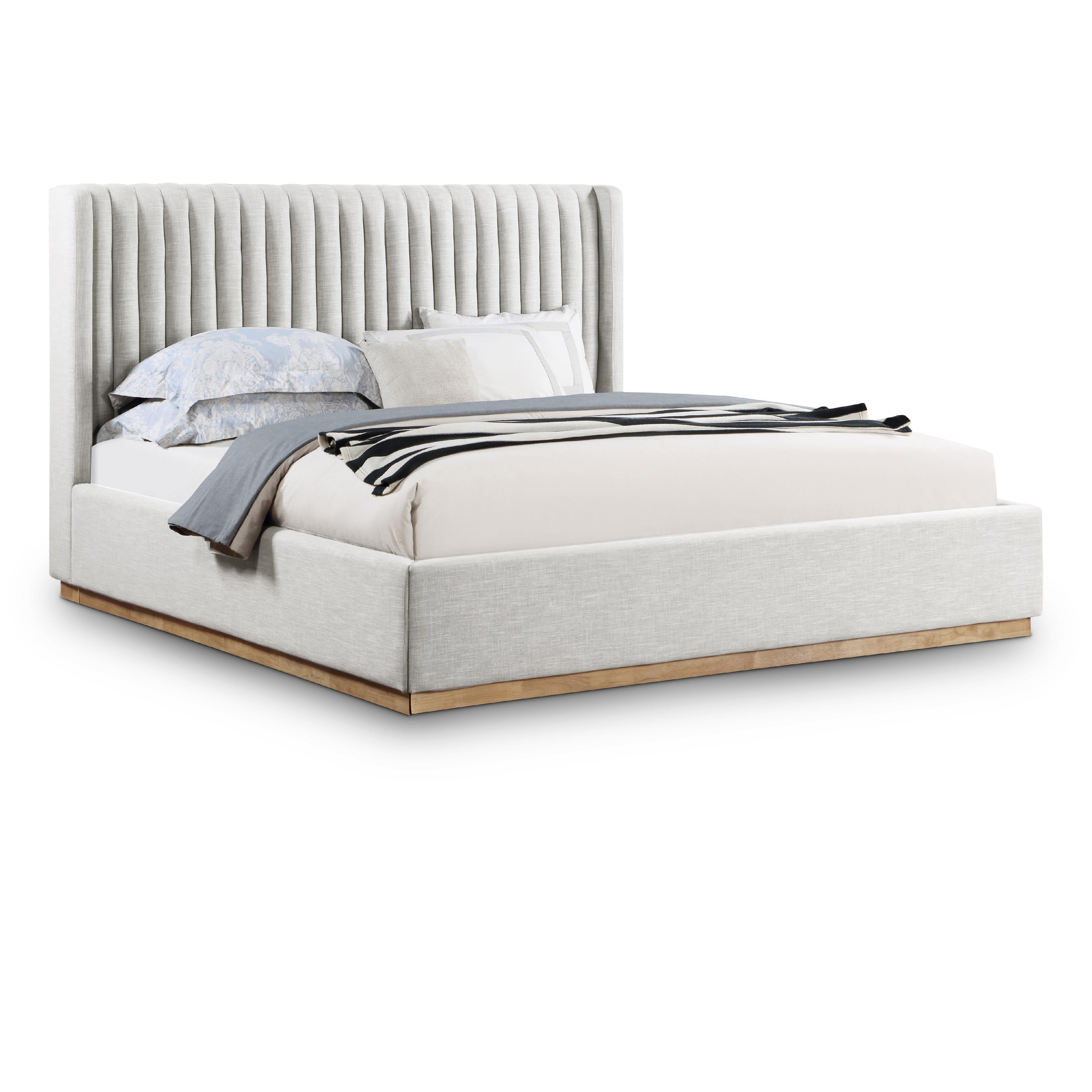 Meridian Logan Cream Linen Textured Fabric King Bed