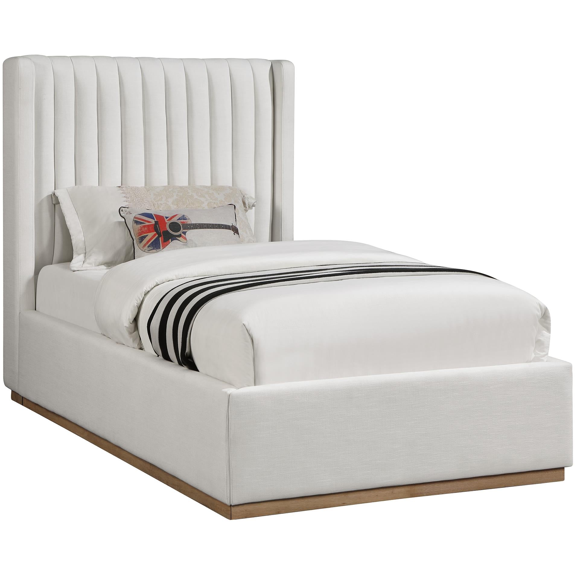 Meridian Logan Cream Linen Textured Fabric Twin Bed