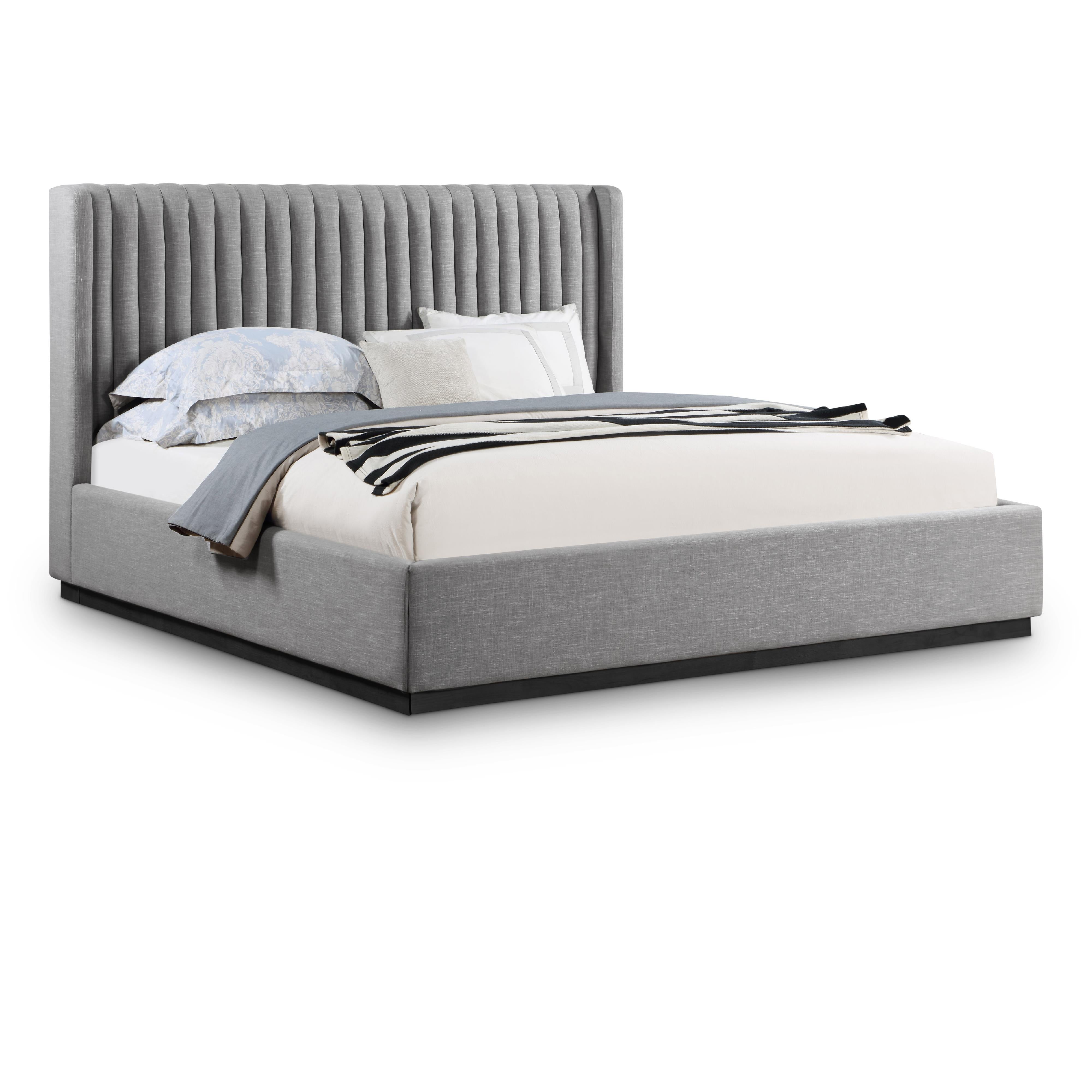 Meridian Logan Grey Linen Textured Fabric King Bed