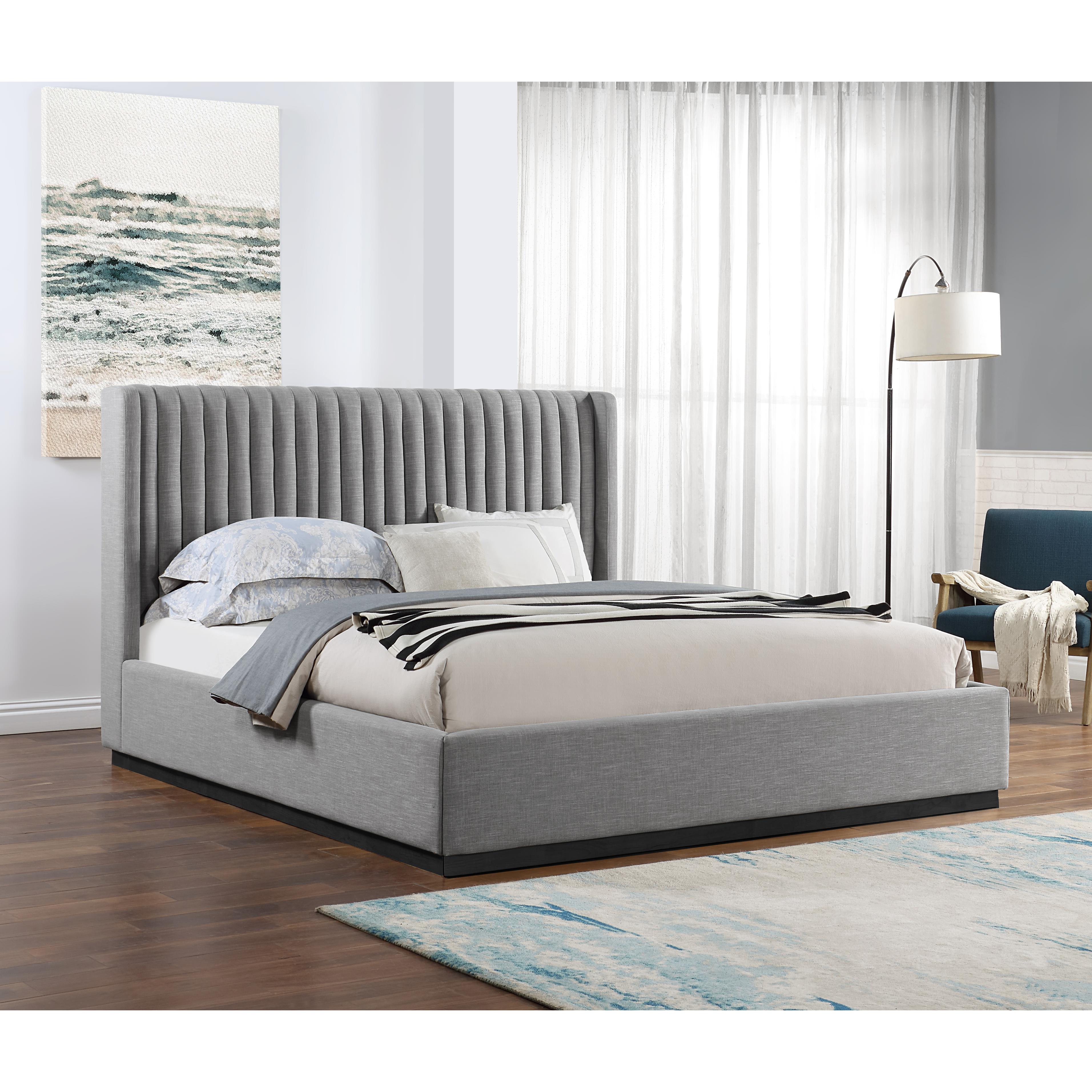 Meridian Logan Grey Linen Textured Fabric King Bed