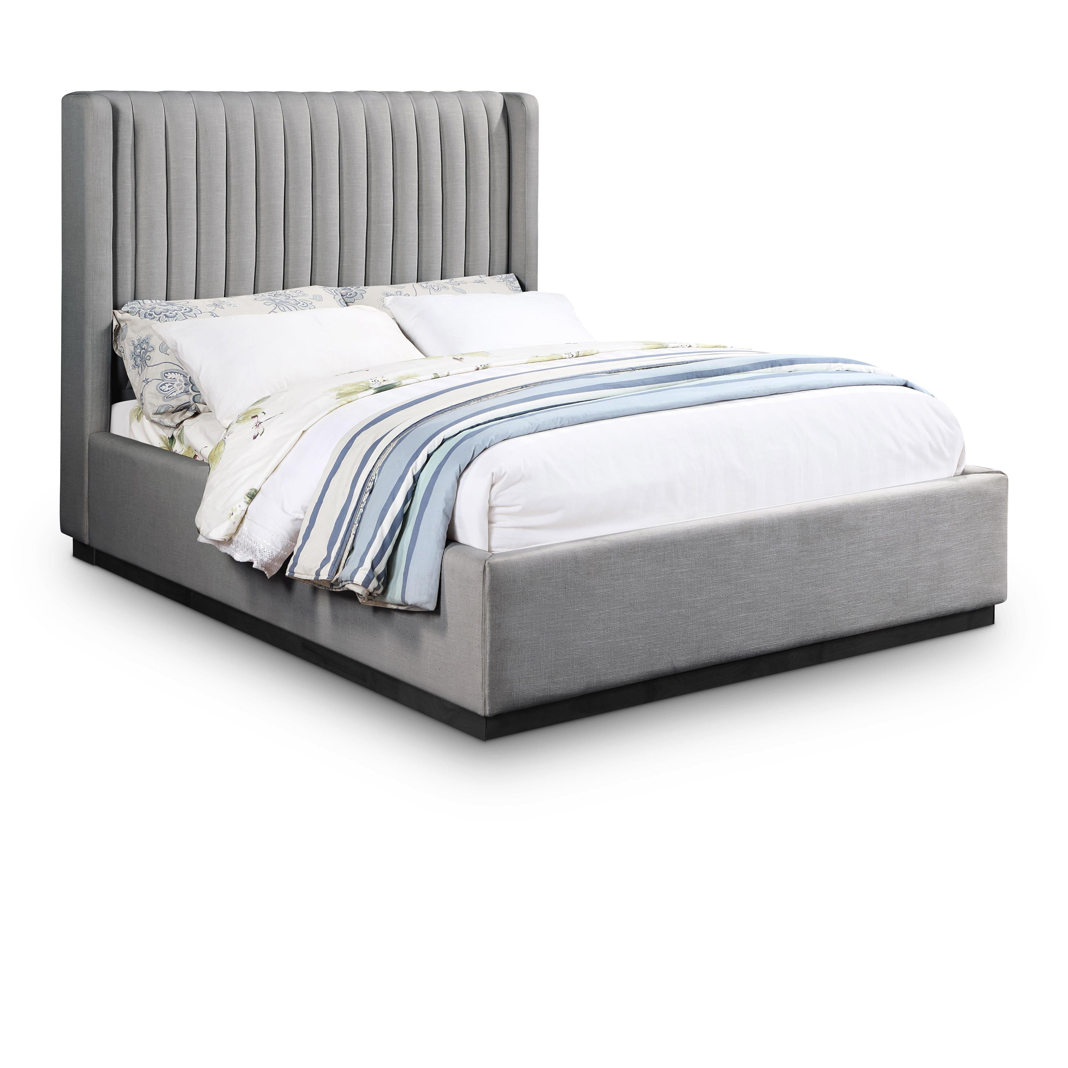 Meridian Logan Grey Linen Textured Fabric Queen Bed