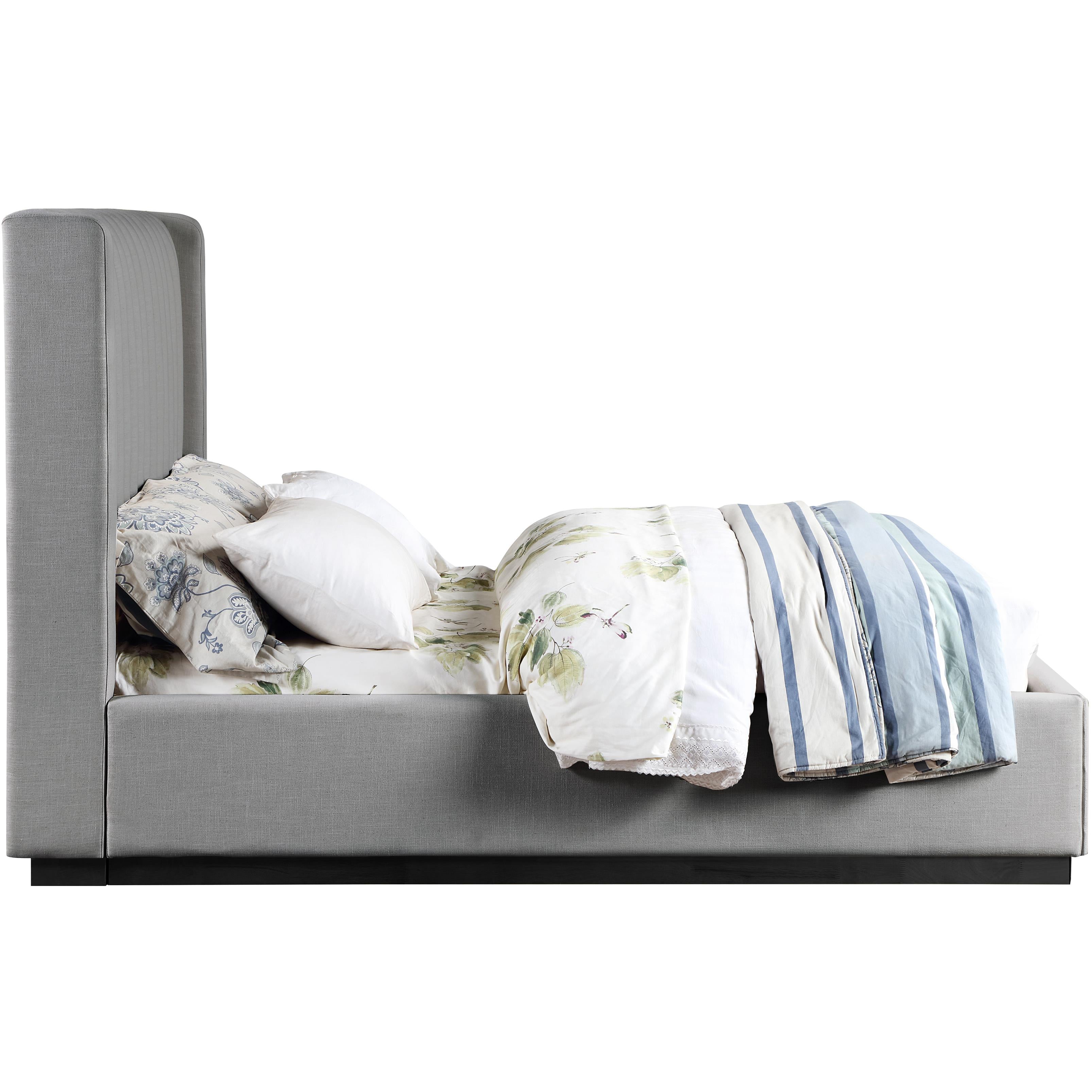 Meridian Logan Grey Linen Textured Fabric Queen Bed