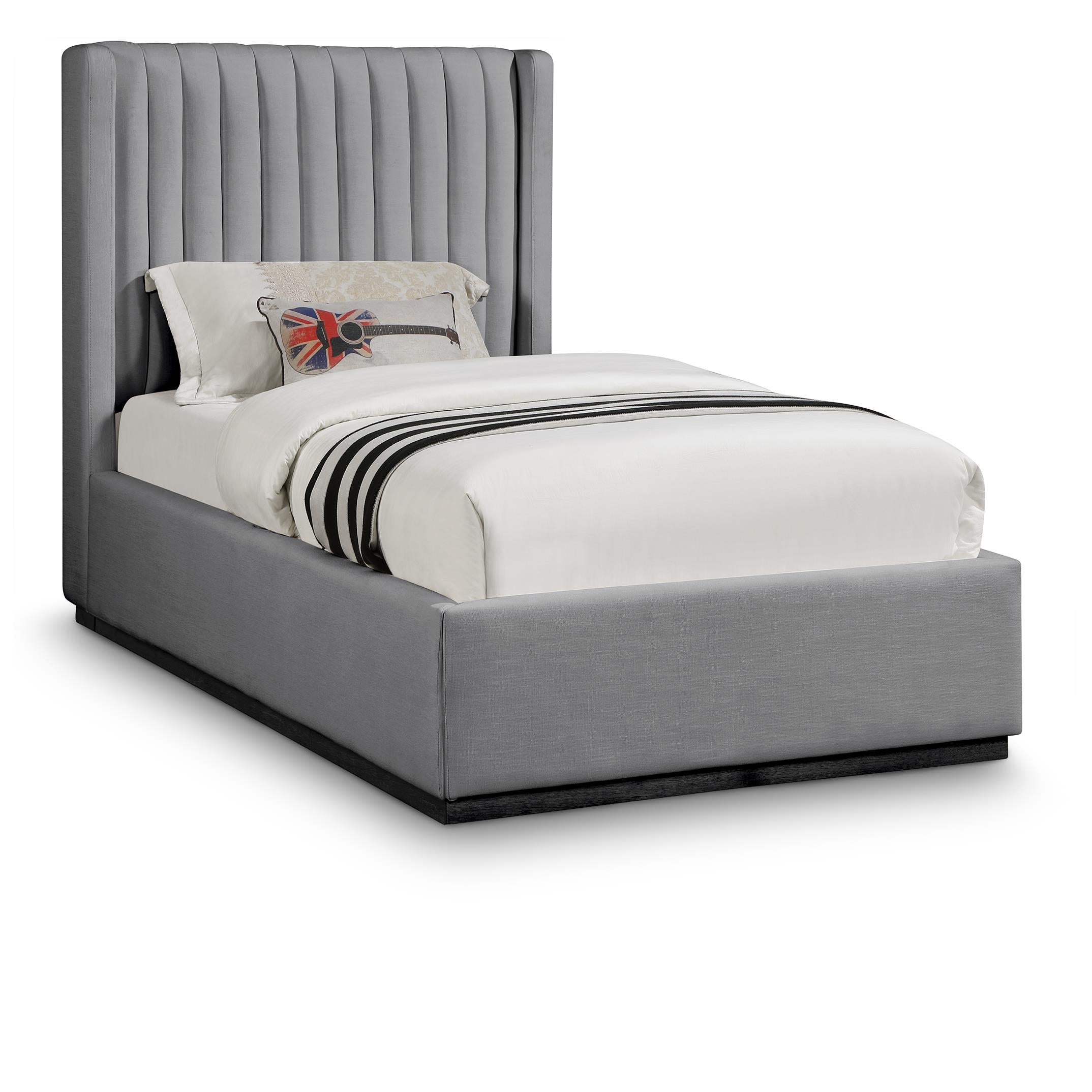 Meridian Logan Grey Linen Textured Fabric Twin Bed