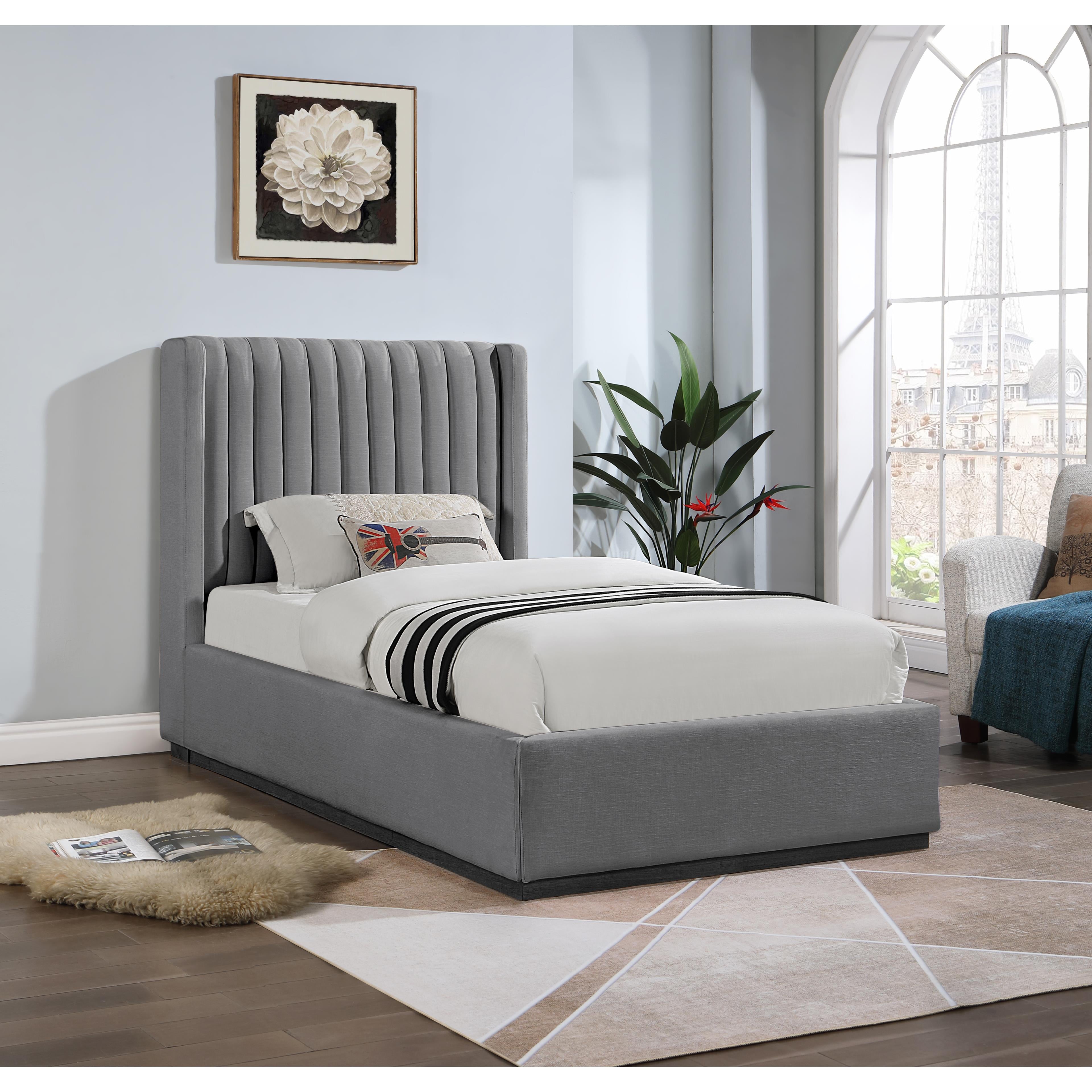 Meridian Logan Grey Linen Textured Fabric Twin Bed