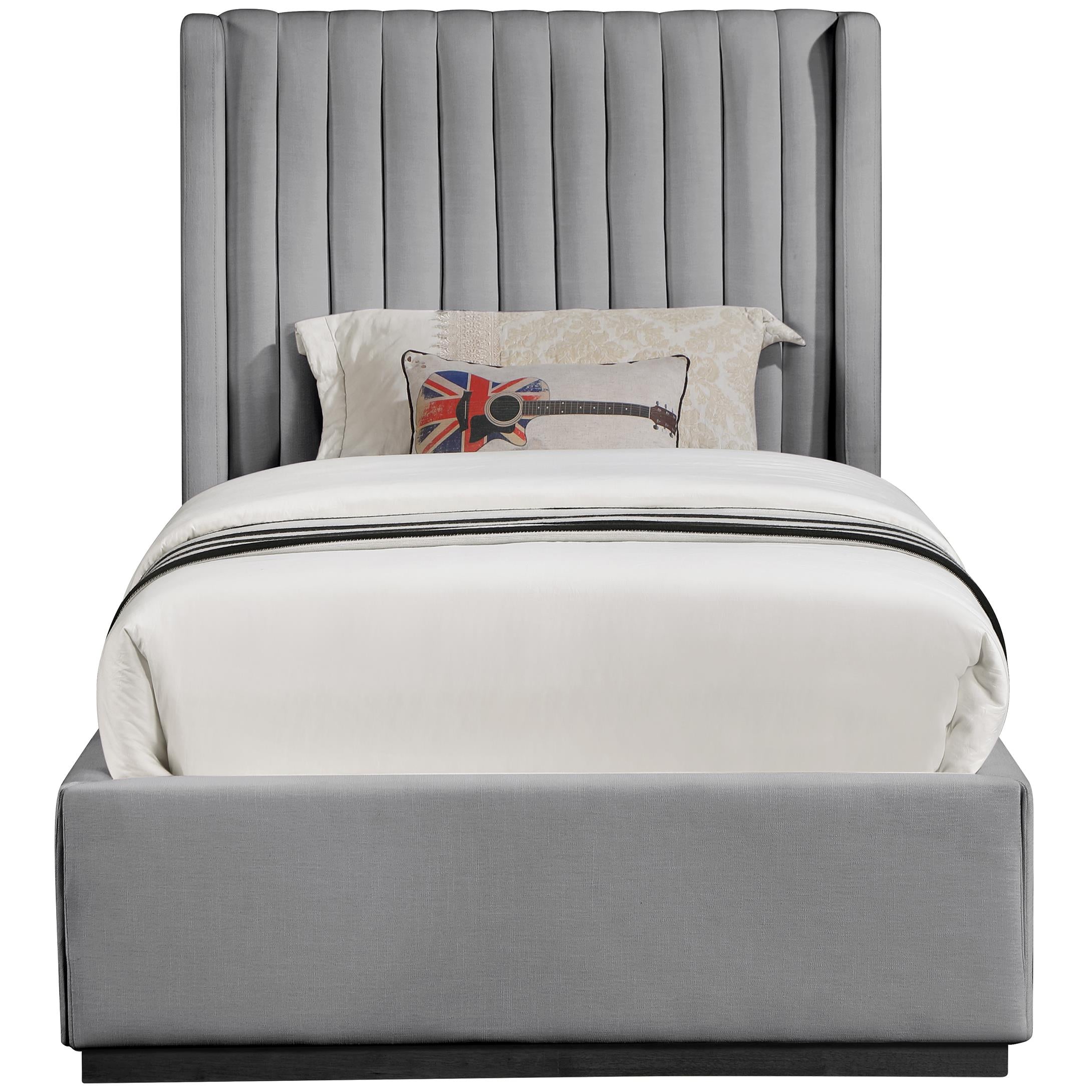 Meridian Logan Grey Linen Textured Fabric Twin Bed