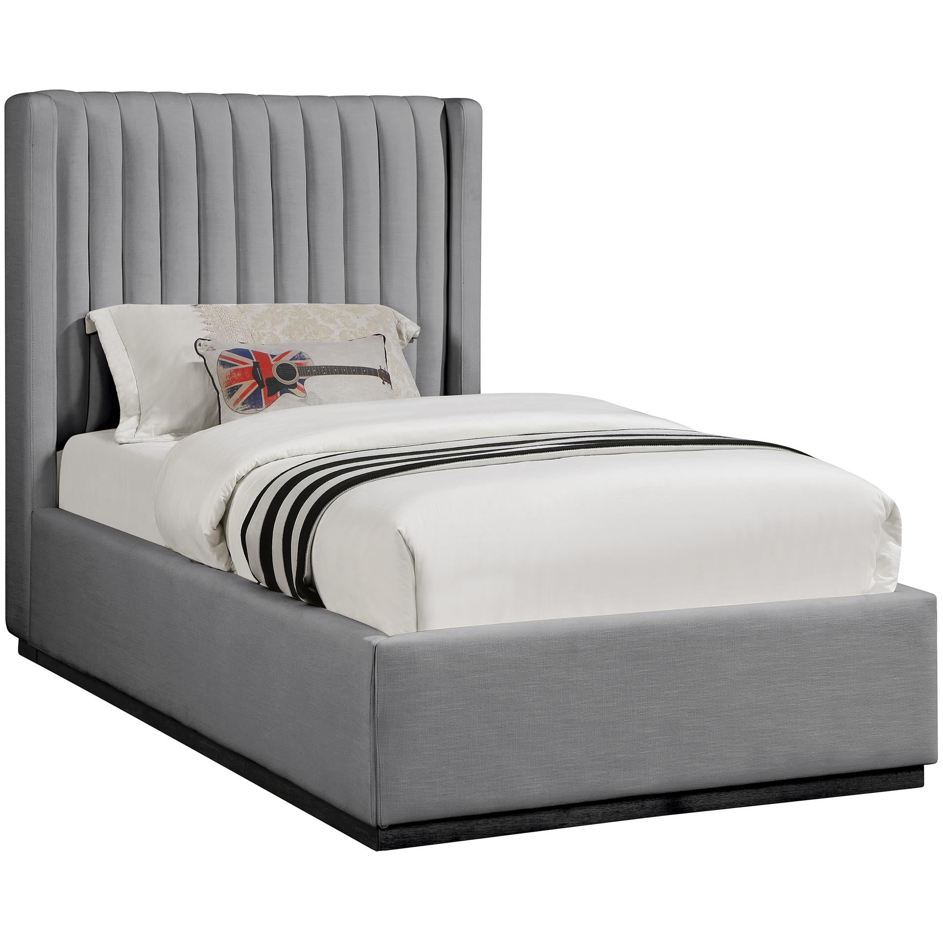 Meridian Logan Grey Linen Textured Fabric Twin Bed