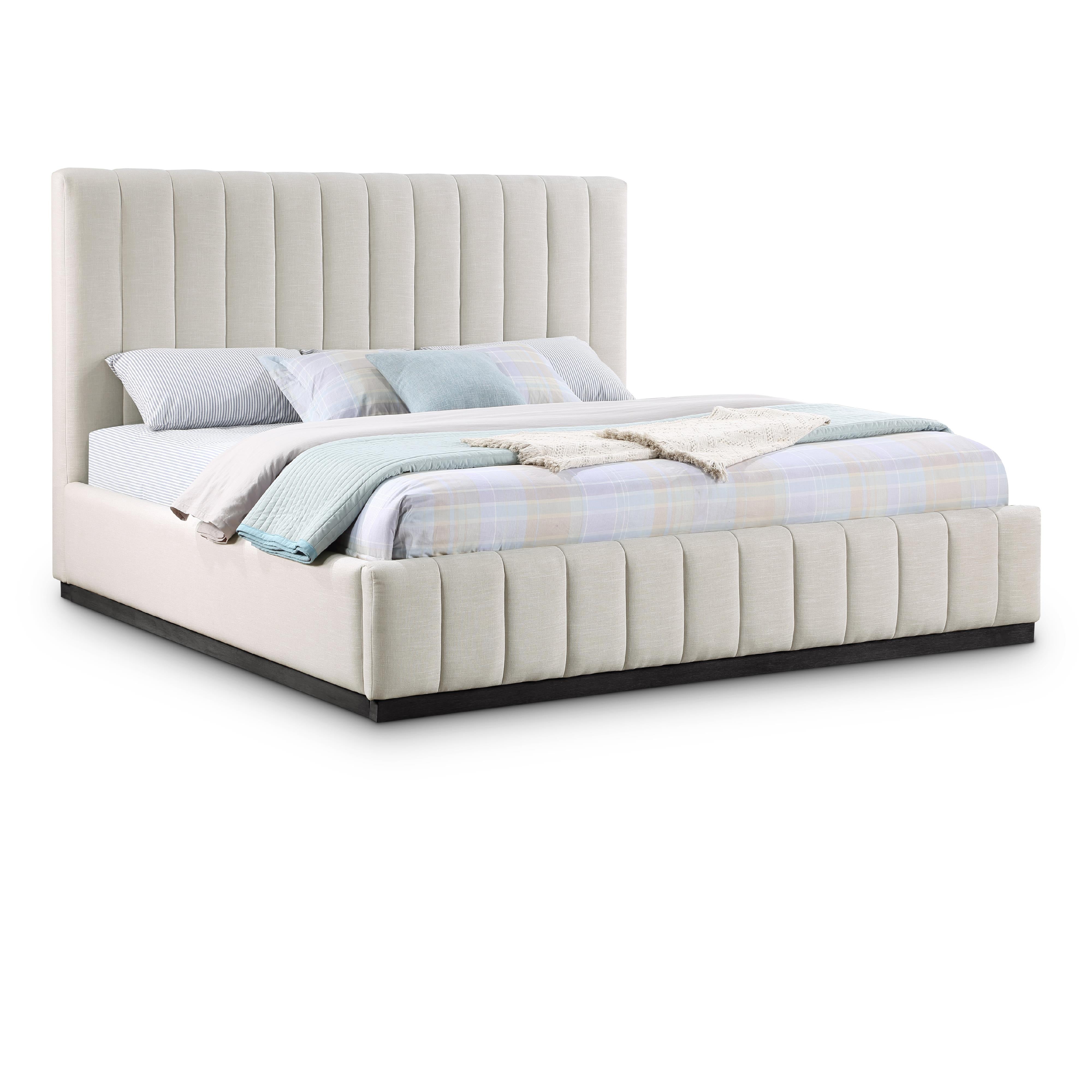 Meridian Lucia Beige Linen Textured Fabric King Bed