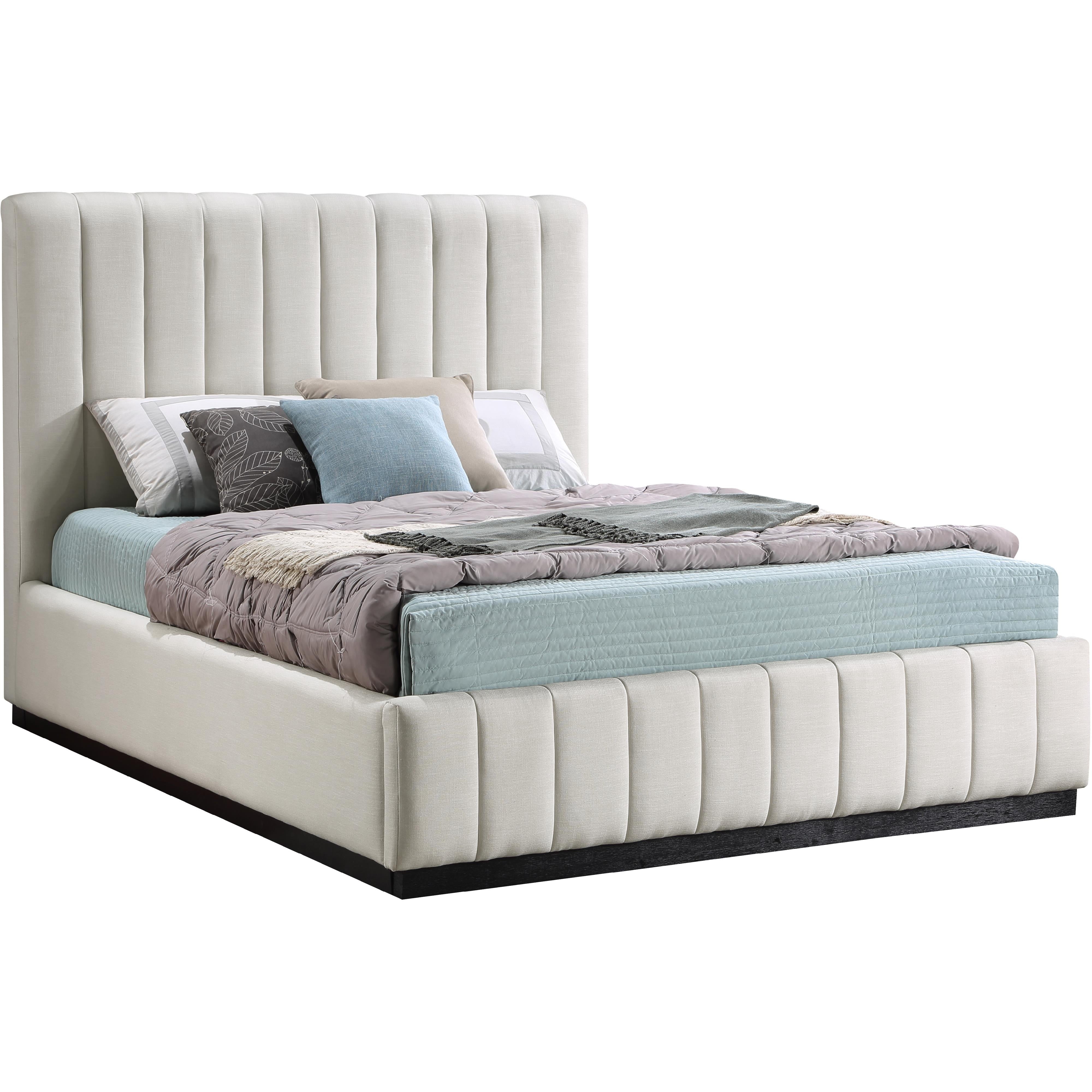 Meridian Lucia Beige Linen Textured Fabric Queen Bed