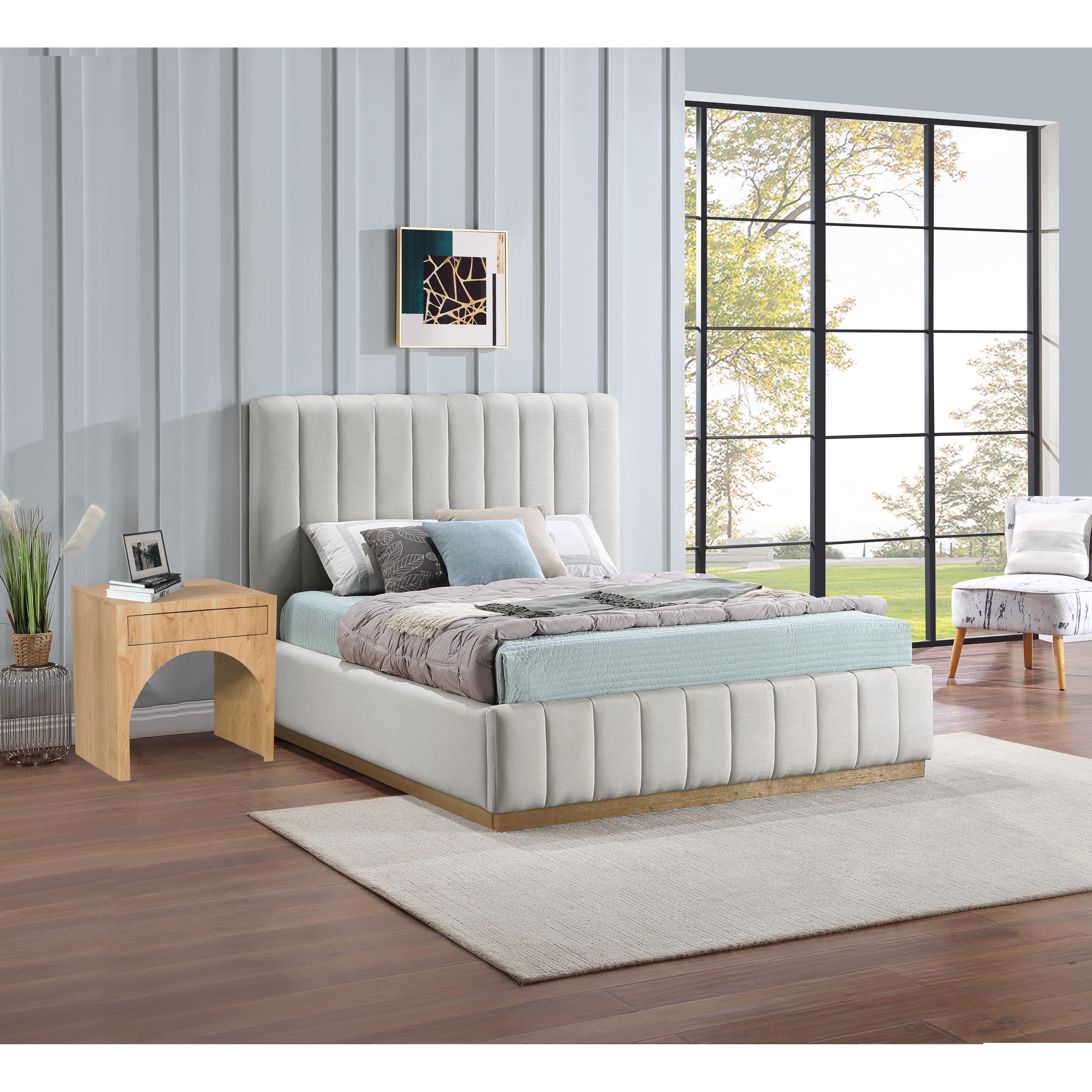Meridian Lucia Cream Linen Textured Fabric Queen Bed