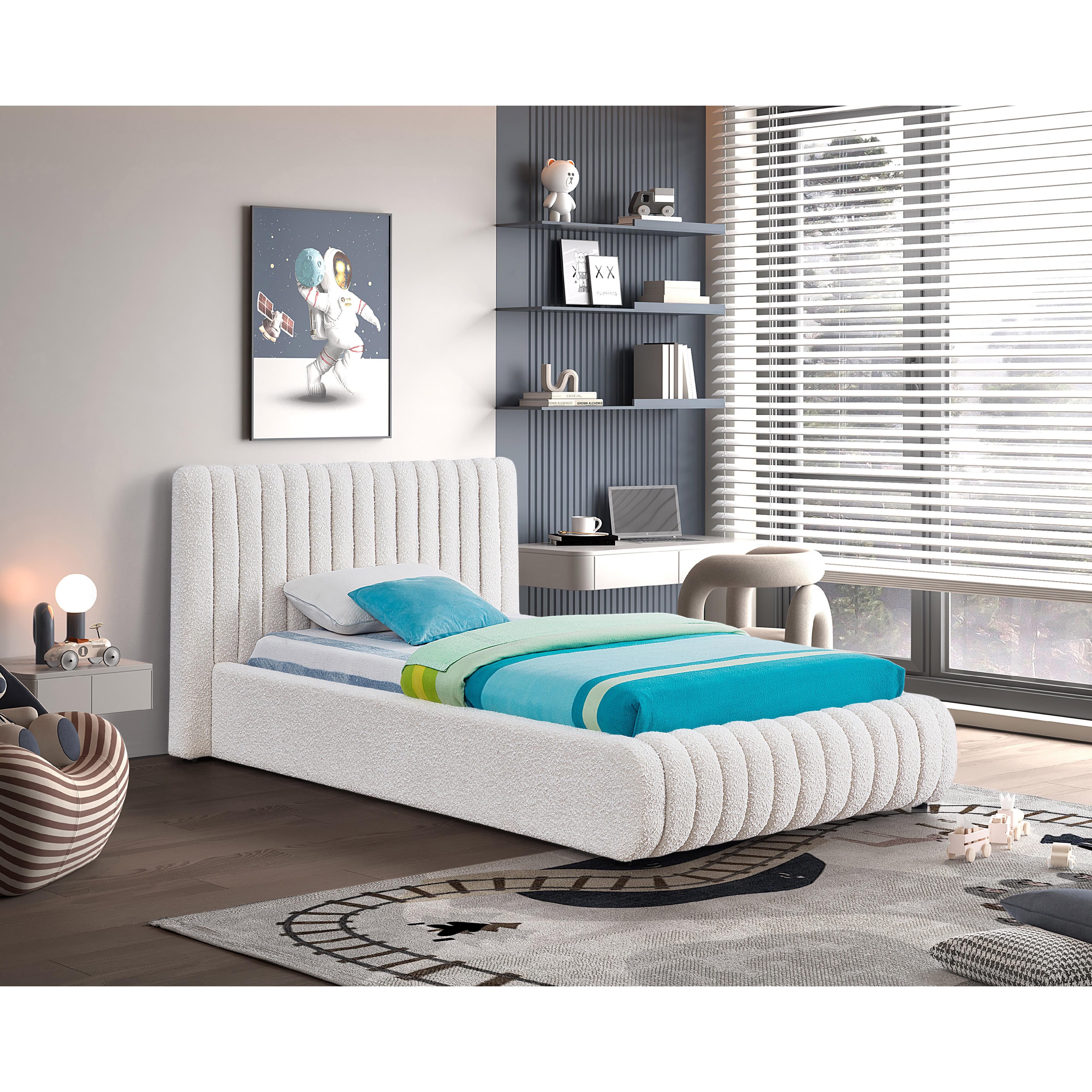 Meridian Nash Cream Boucle Fabric Twin Bed