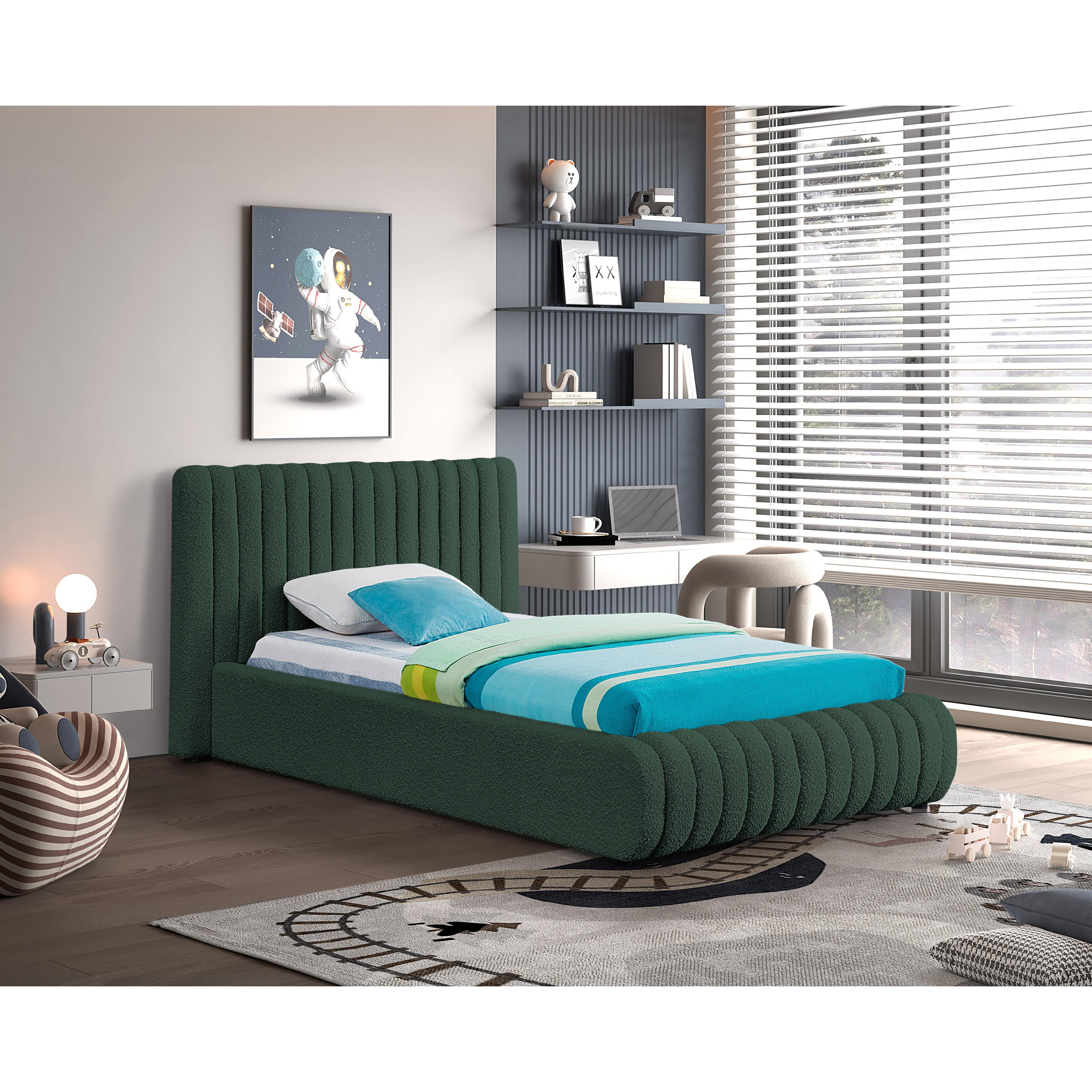 Meridian Nash Green Boucle Fabric Twin Bed