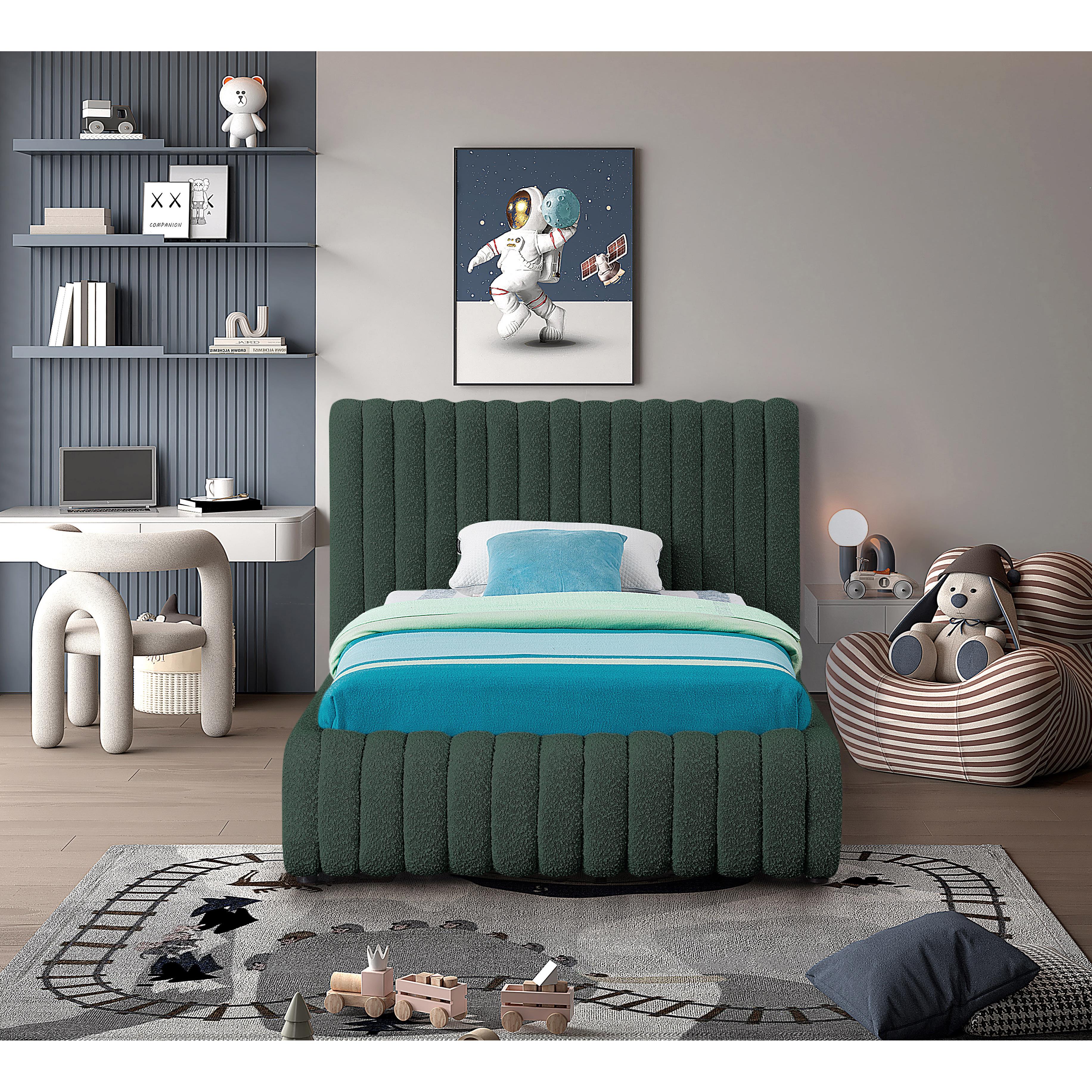 Meridian Nash Green Boucle Fabric Twin Bed