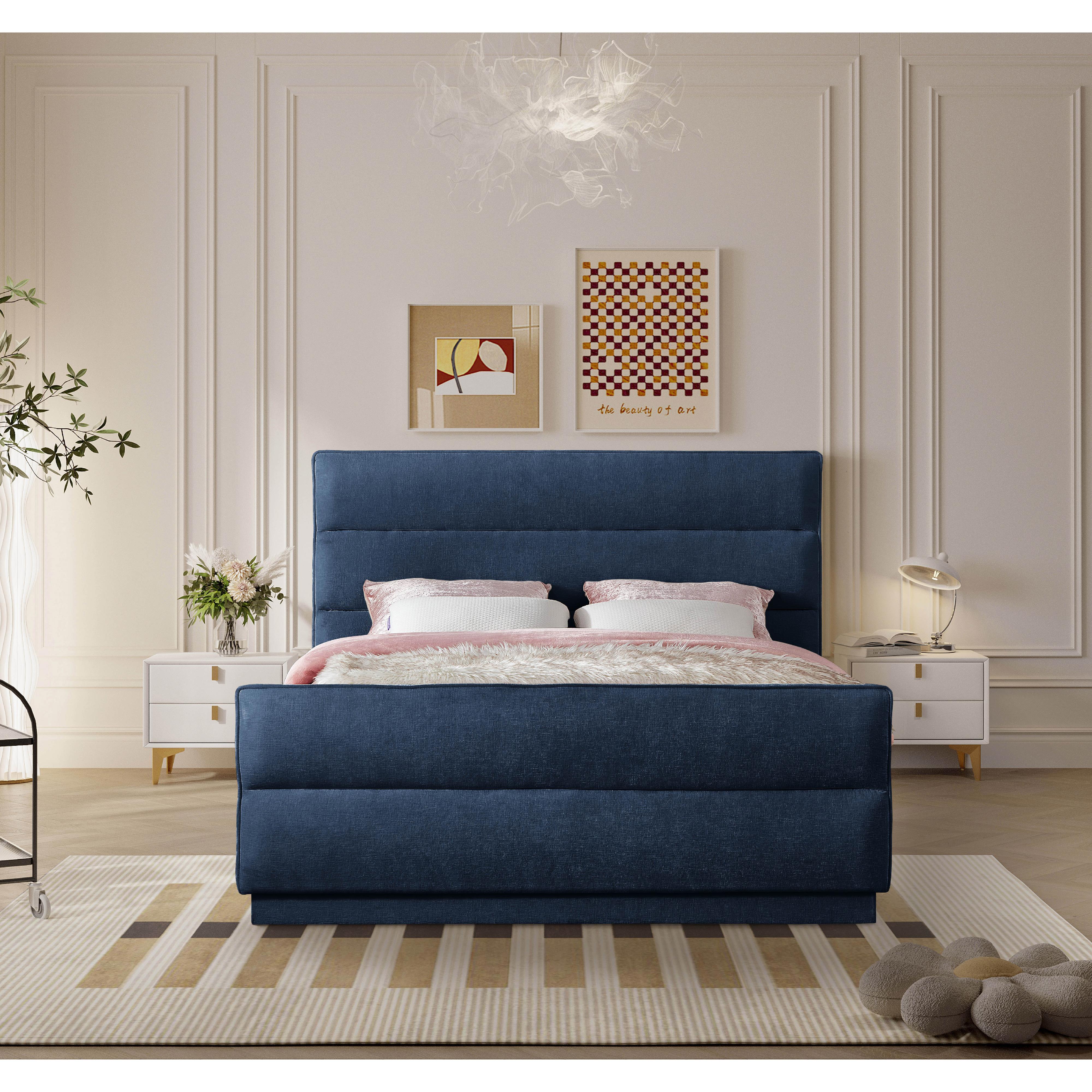 Meridian Paxton Navy Chenille Fabric Queen Bed (3 Boxes)