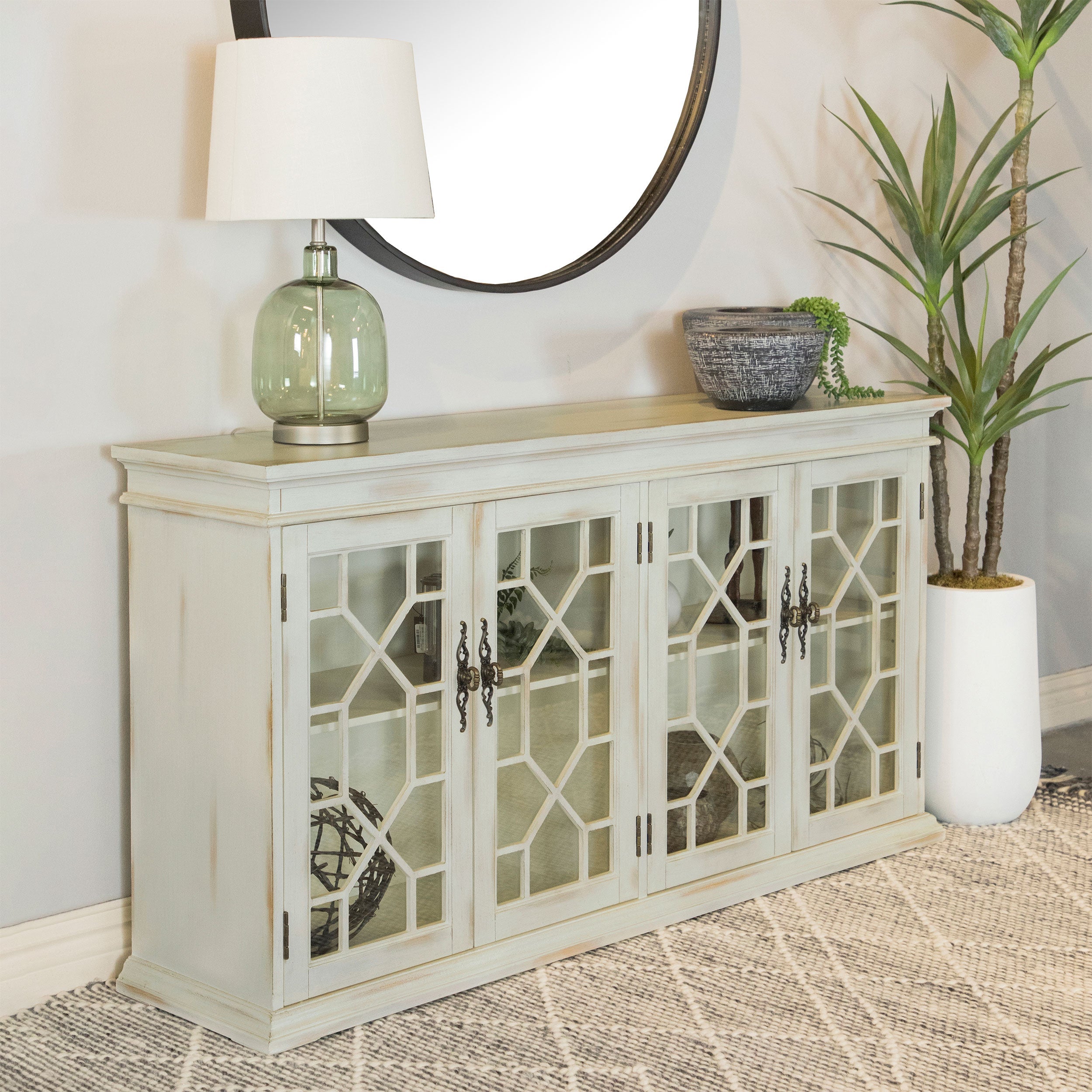 Kiara 4-door Wood Lattice Storage Accent Cabinet Light Honey