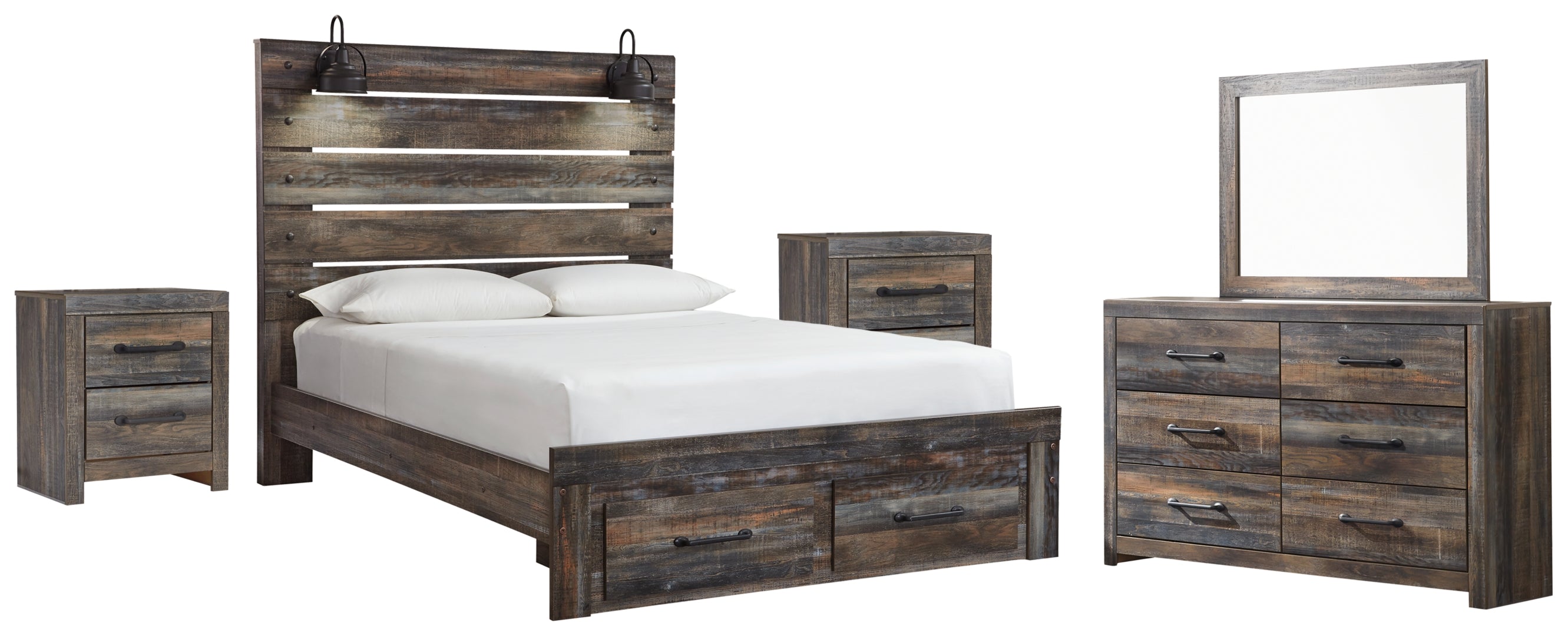 Drystan Queen Bookcase Bed with 4 Storage Drawers with Mirrored Dresser and Chest